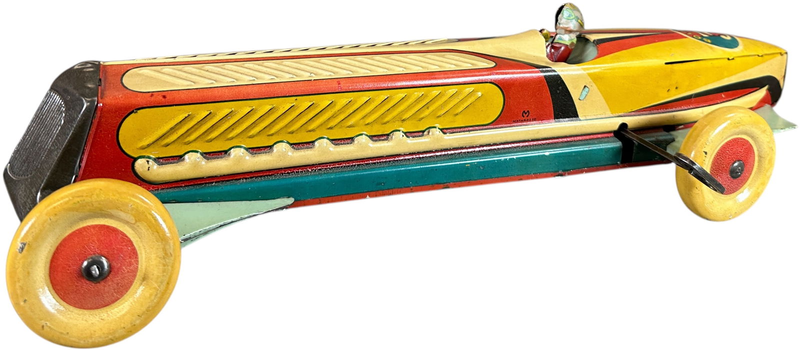 ARGENTINA MATARAZZO BOLIDO 3 RACE CAR: 120. ARGENTINA MATARAZZO BOLIDO 3 RACE CAR | Argentina, wind-up driven motion. Gears working but are worn/slip if the toy is wound too tightly. | 21" l. | Magnificently large racer has a correct repla