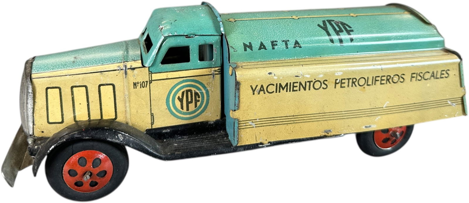 MATARAZZO NAFTA PETROL GASOLINE TANK TRUCK: 122. MATARAZZO NAFTA PETROL GASOLINE TANK TRUCK | Argentina, working wind-up motion. | 9.5" l. | All original in (Excellent Condition) | $400 - $700