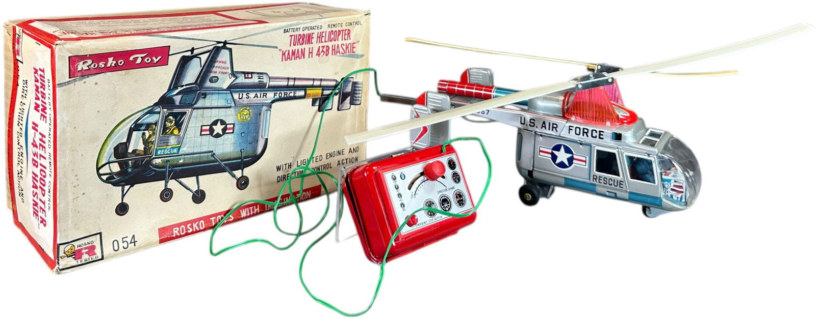 BOXED ROSKO TOY TURBINE HELICOPTER: 207. BOXED ROSKO TOY TURBINE HELICOPTER | Japan, battery-operated motion. | 10" l. | Complete with original box, (Excellent Condition) | $250 - $500