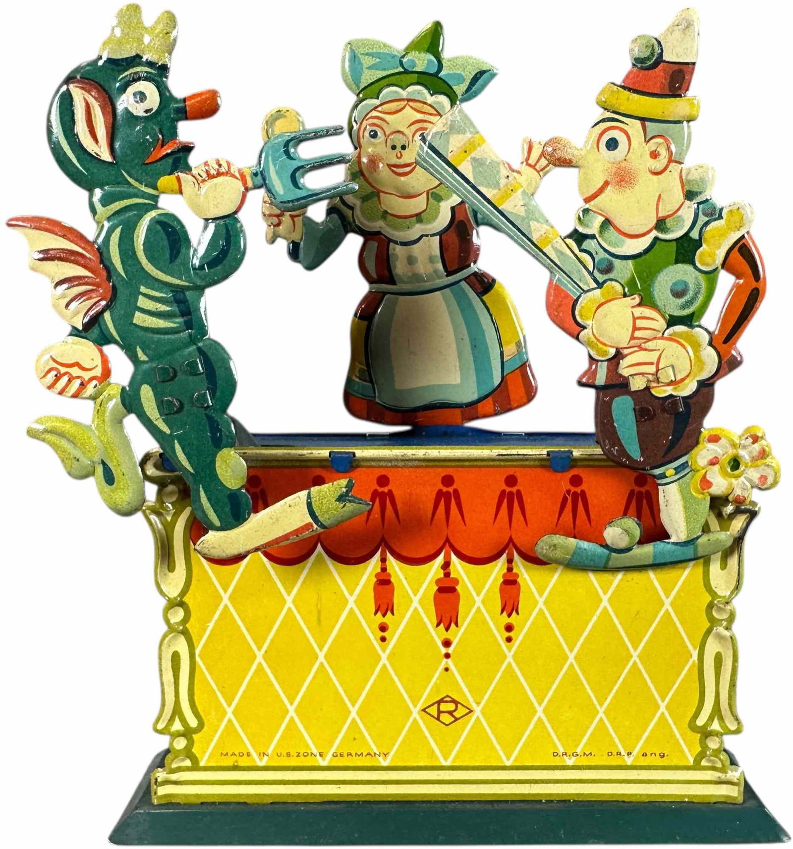 RUHL MECHANICAL PUNCH & JUDY THEATER: 269. RUHL MECHANICAL PUNCH & JUDY THEATER | Germany, wind-up motor driven. | 8" h. | (Pristine Condition) | $250 - $500