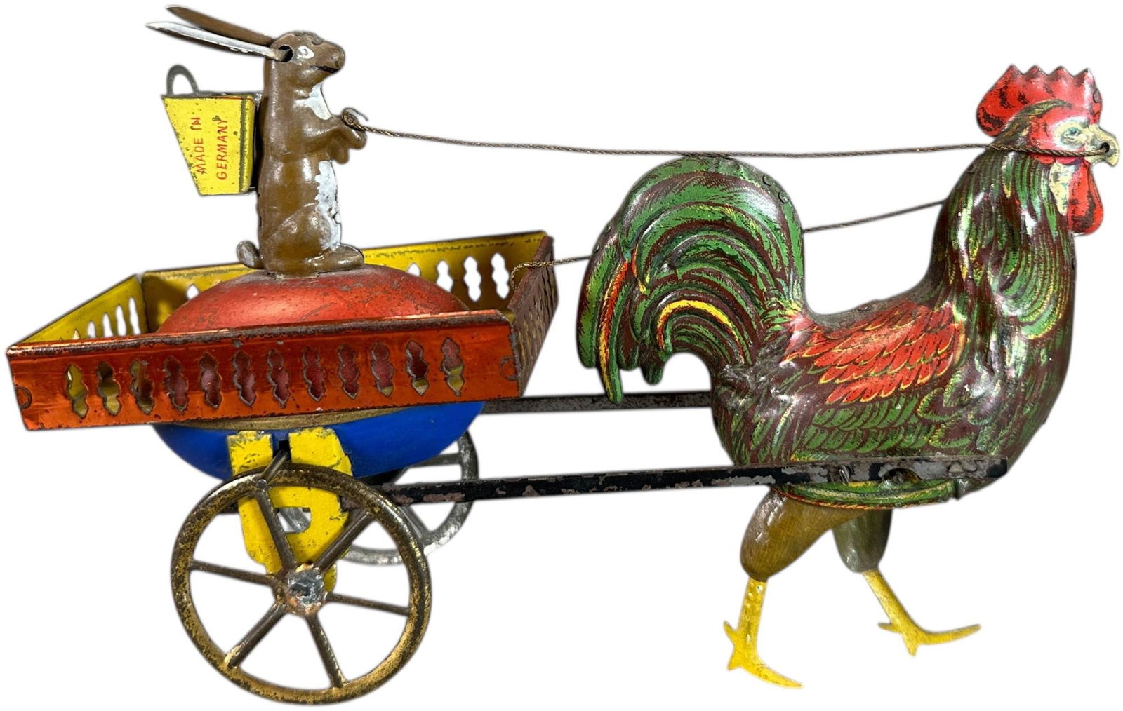 LEHMANN DUO EGG CART - CAGE VERSION: 292. LEHMANN DUO EGG CART - CAGE VERSION | Germany, hand controlled wind-up driven motion. | 8" l. | (Excellent Condition) | $400 - $800