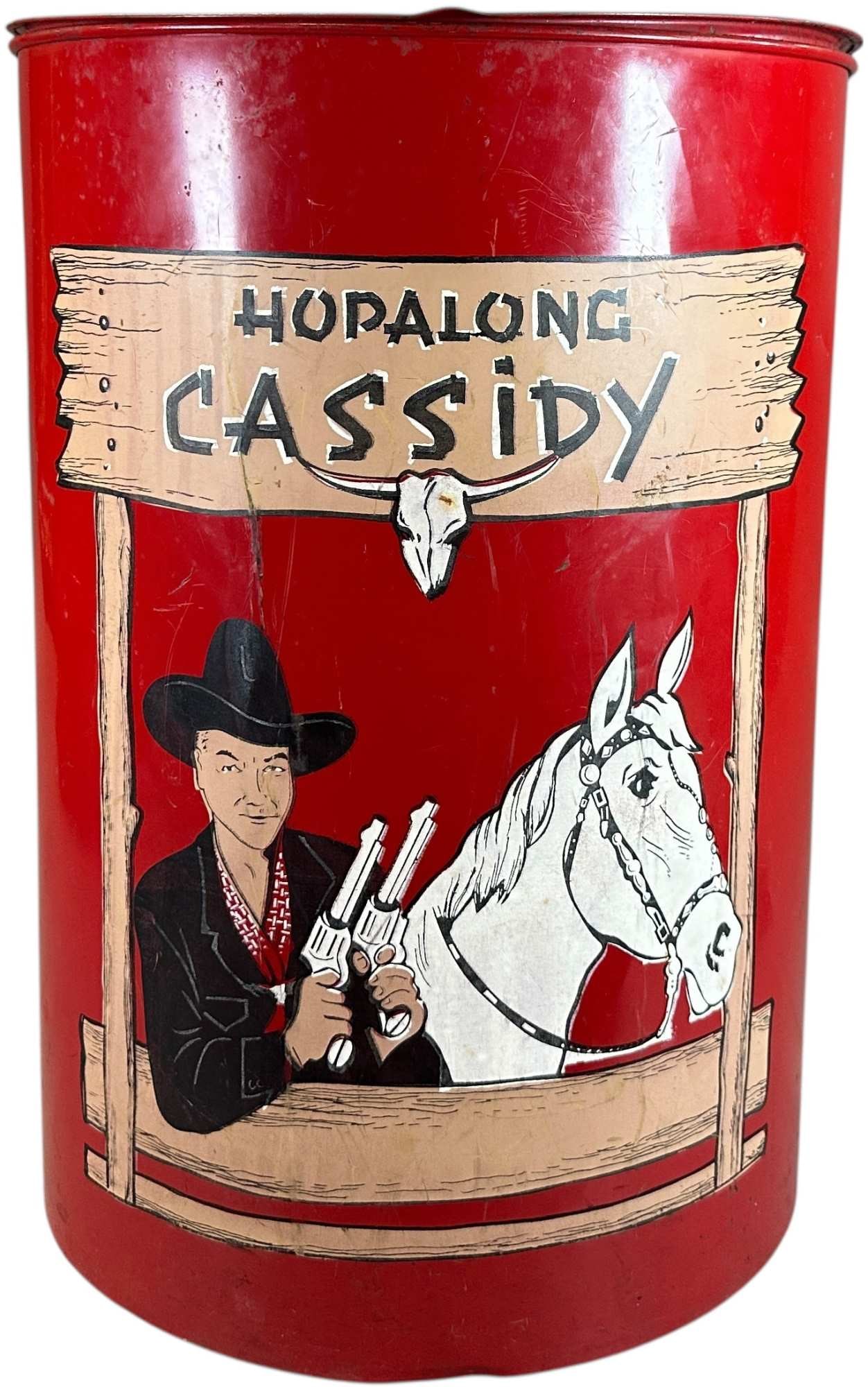 HOPALONG CASSIDY RUBBISH BIN: 421. HOPALONG CASSIDY RUBBISH BIN | 16 x 23" l x h. | Overall (Excellent Condition) | $100 - $200