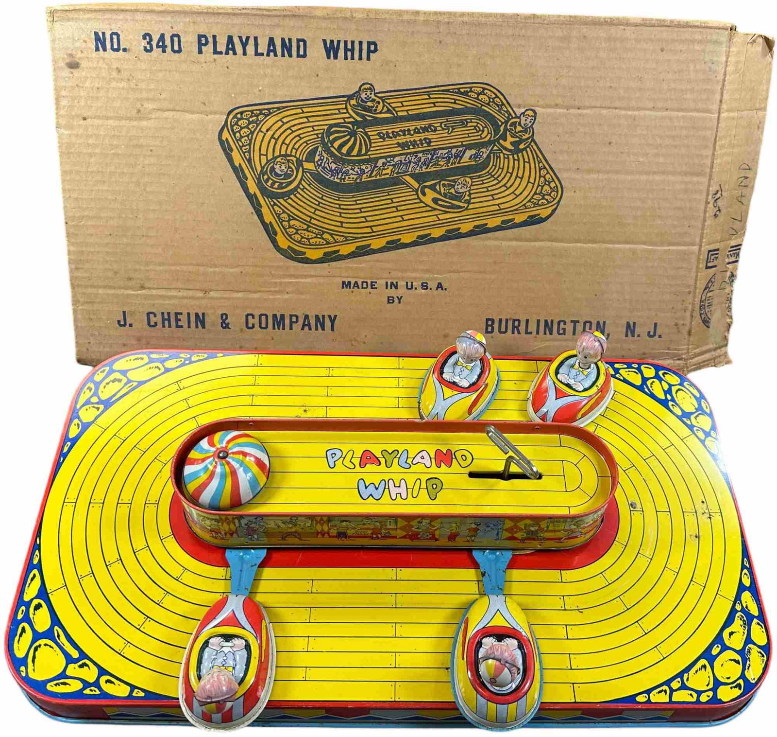 BOXED CHEIN PLAYLAND WHIP: 491. BOXED CHEIN PLAYLAND WHIP | USA, wind-up motor driven. | 20" l. | (Excellent to Pristine Condition) | $300 - $600