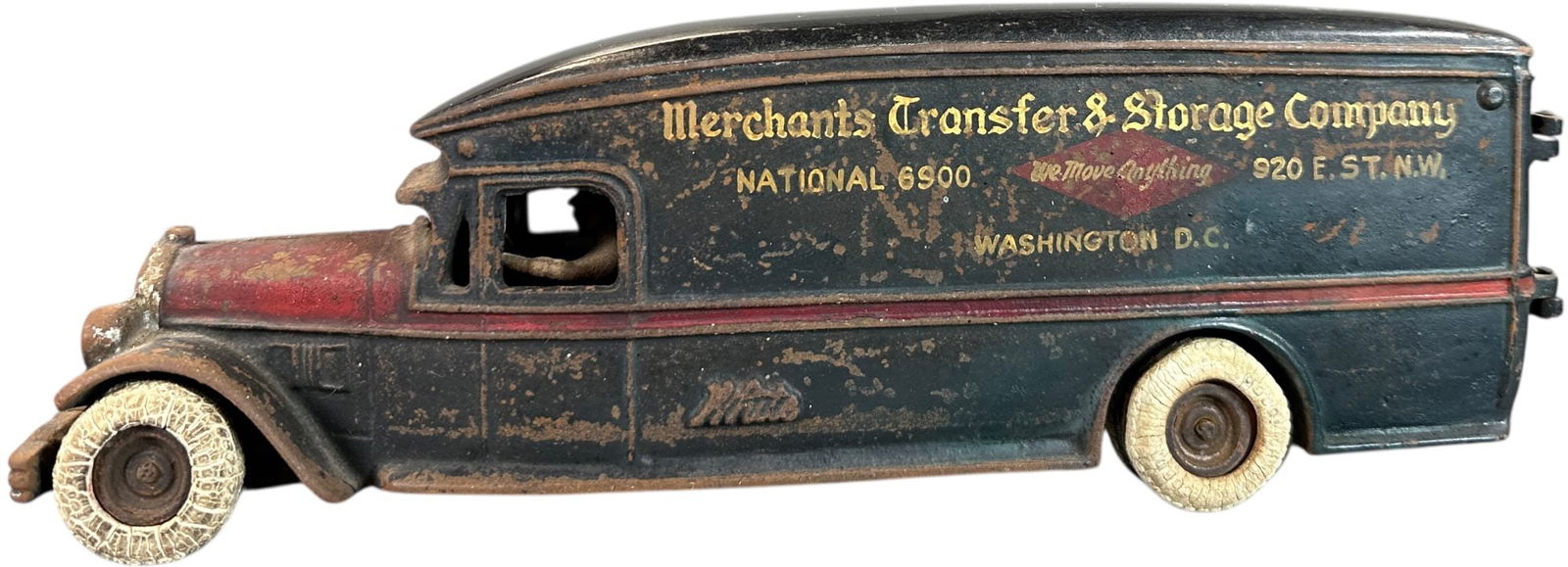 ARCADE WHITE MERCHANTS MOVING VAN: 23. ARCADE WHITE MERCHANTS MOVING VAN | Ex: Tony Lasala Collection. | 13" l. | Overpainted roof with repaint primarily to rear end and doors, displays as (Very Good to Excellent Condition) | $1,000 -