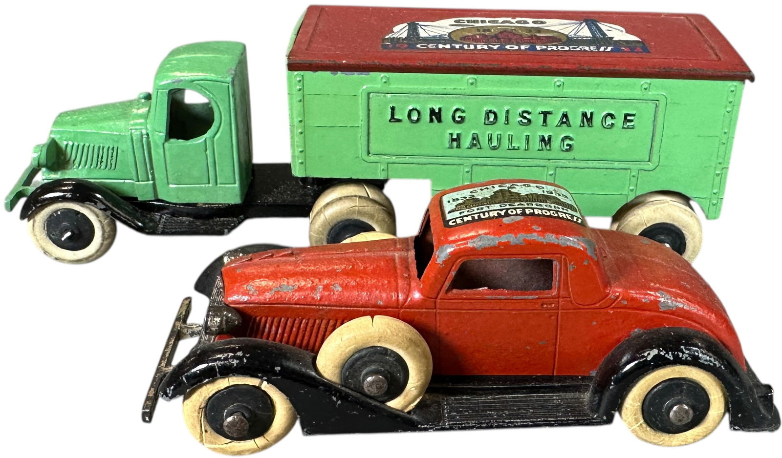 TWO TOOTSIETOY CENTURY OF PROGRESS VEHICLES: 44. TWO TOOTSIETOY CENTURY OF PROGRESS VEHICLES | 4" l. auto | Two tires have flat spots on coupe, (Excellent Condition) | $200 - $300