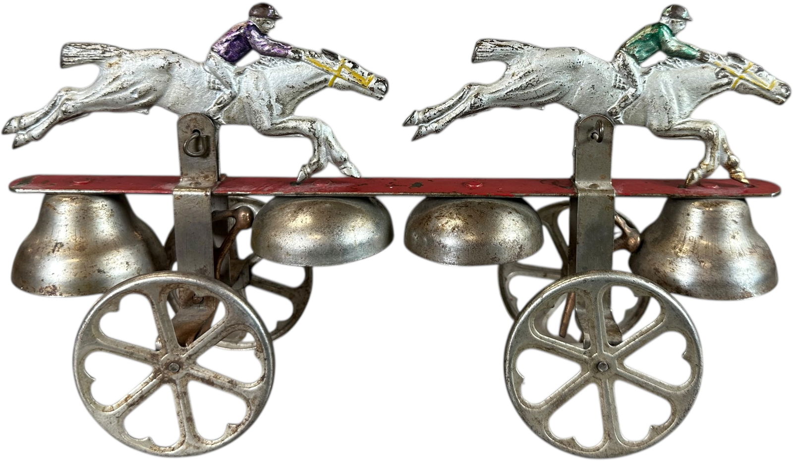 WATROUS HORSE RACE BELL TOY: 69. WATROUS HORSE RACE BELL TOY | Provenance: Richard Mueller Collection. | 9.5" l. | (Excellent Condition) | $250 - $500