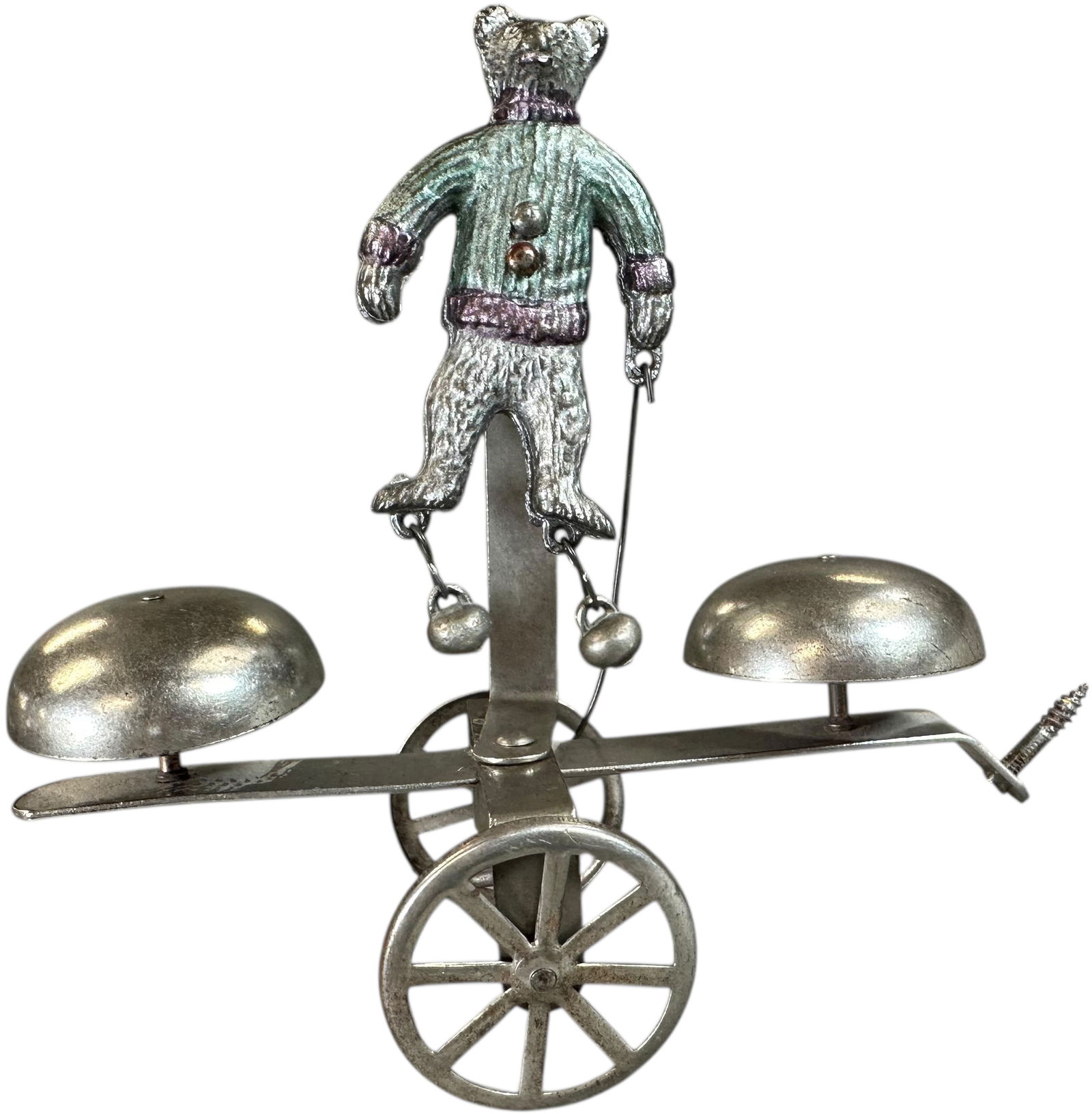 WATROUS PUSH STICK TEDDY BEAR BELL TOY: 72. WATROUS PUSH STICK TEDDY BEAR BELL TOY | Provenance: Richard Mueller Collection. | 7.5" l. | (Excellent to Pristine Condition) | $300 - $500