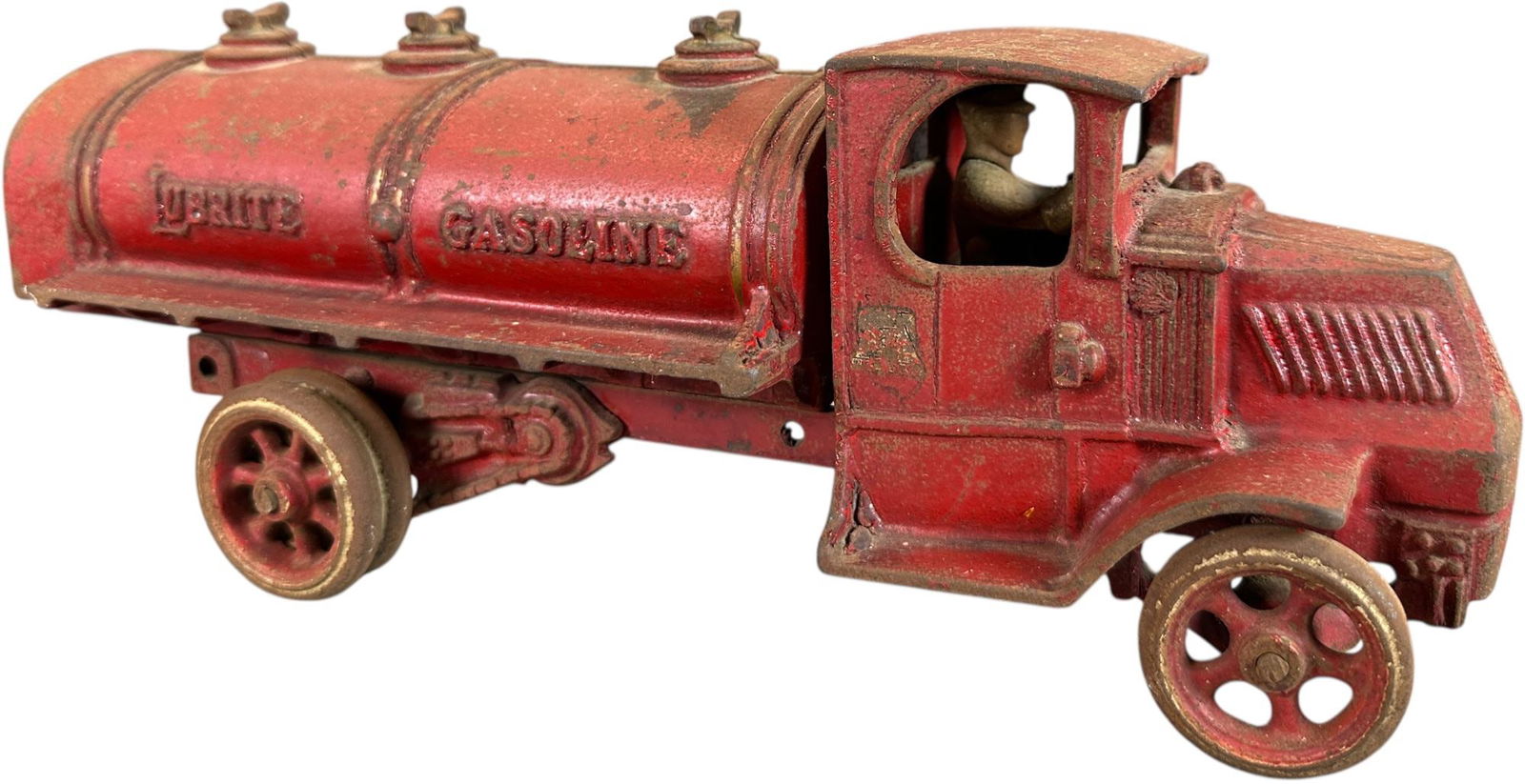 ARCADE LUBRITE GASOLINE TRUCK: 85. ARCADE LUBRITE GASOLINE TRUCK | Ex: Tony Lasala Collection. | 13" l. | All original but in need of a deep clean and wax detail, (Very Good Condition) | $400 - $800