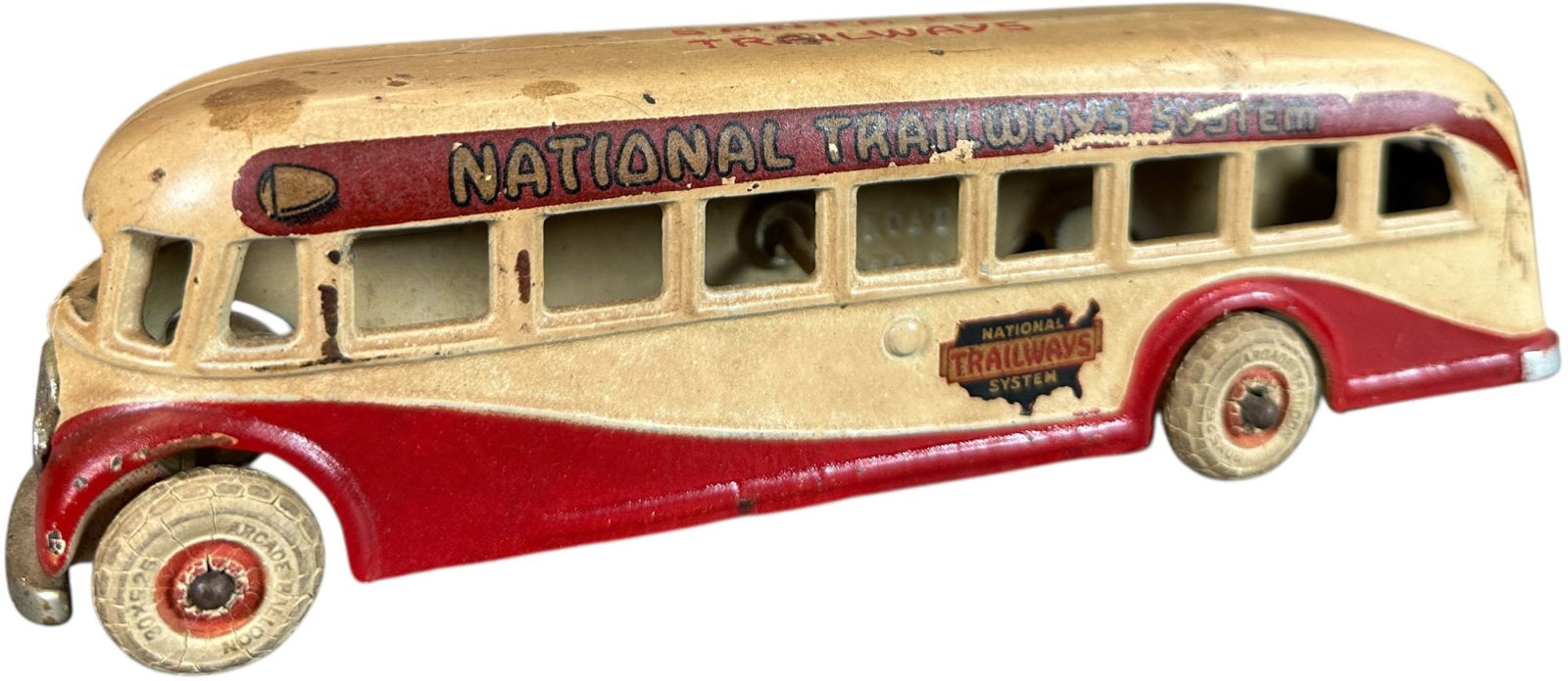 ARCADE NATIONAL TRAILWAYS SANTA FE BUS: 100. ARCADE NATIONAL TRAILWAYS SANTA FE BUS | Private label roof. Ex: Tony Lasala Collection. | 9" l. | (Very Good to Excellent Condition) | $400 - $800