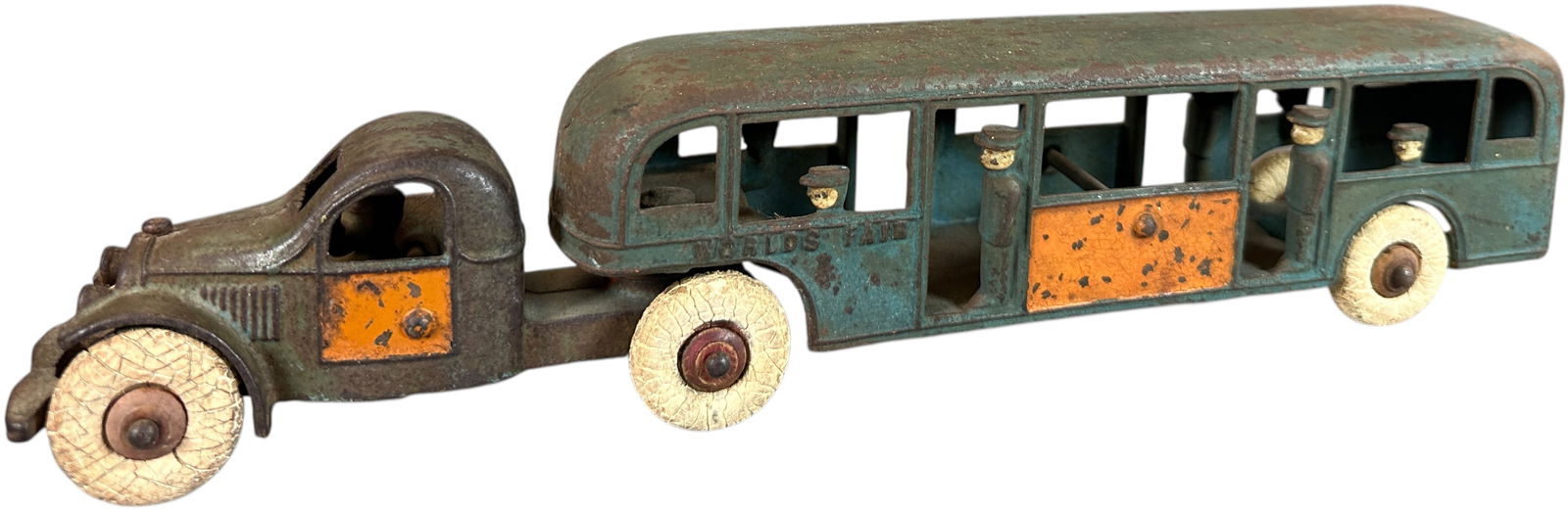 LARGE KENTON WORLDS FAIR TANDEM BUS: 102. LARGE KENTON WORLDS FAIR TANDEM BUS | Ex: Tony Lasala Collection. | 13.5" l. | All original, needs a cleaning to brighten up the colors, paint wear (Very Good Condition) | $500 - $1,000