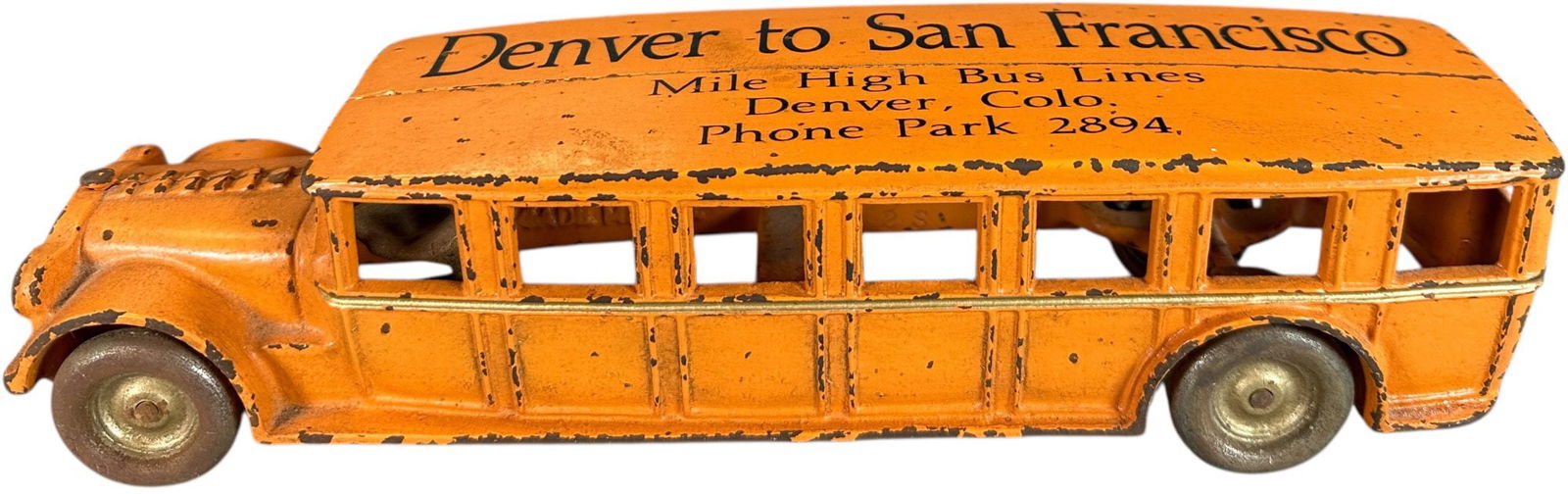 ARCADE DENVER FAGEOL SAFETY COACH: 104. ARCADE DENVER FAGEOL SAFETY COACH | Private label roof. Ex: Tony Lasala Collection. | 12" l. | Professionally restored and aged to display as (Excellent Condition) | $300 - $600