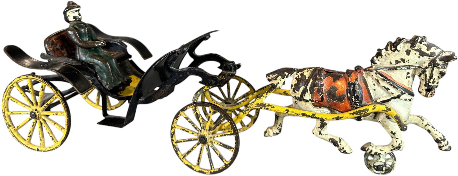 PRATT & LETCHWORTH OPEN PHAETON: 116. PRATT & LETCHWORTH OPEN PHAETON | Relatively scarce example. | 15" l. | Original woman figure, replaced fenders, horse lead wheel is overpainted, (Very Good Condition) | $300 - $600