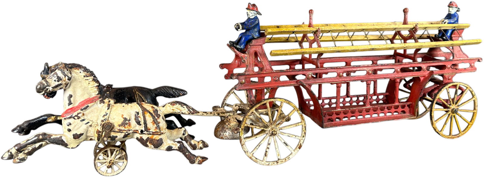 LARGE KENTON LADDER WAGON: 120. LARGE KENTON LADDER WAGON | 28" l. | Original figures and ladders, paint is worn and needs waxing, (Very Good Condition) | $500 - $1,000