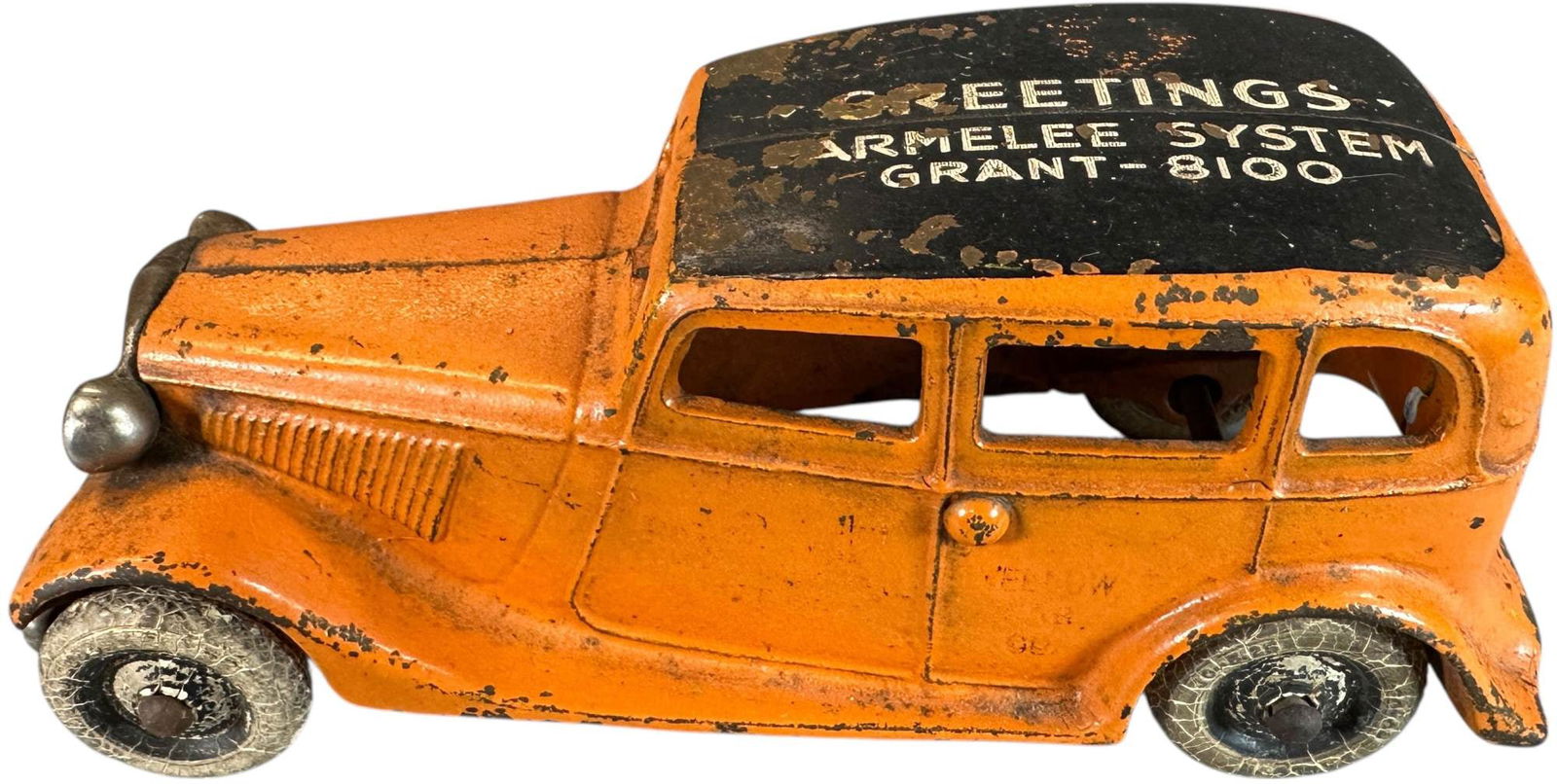 ARCADE PARMELEE SYSTEM TAXI CAB: 132. ARCADE PARMELEE SYSTEM TAXI CAB | Private label roof. Ex: Tony Lasala Collection. | 6.5" l. | All original with roof stenciling, (Very Good to Excellent Condition) | $250 - $500