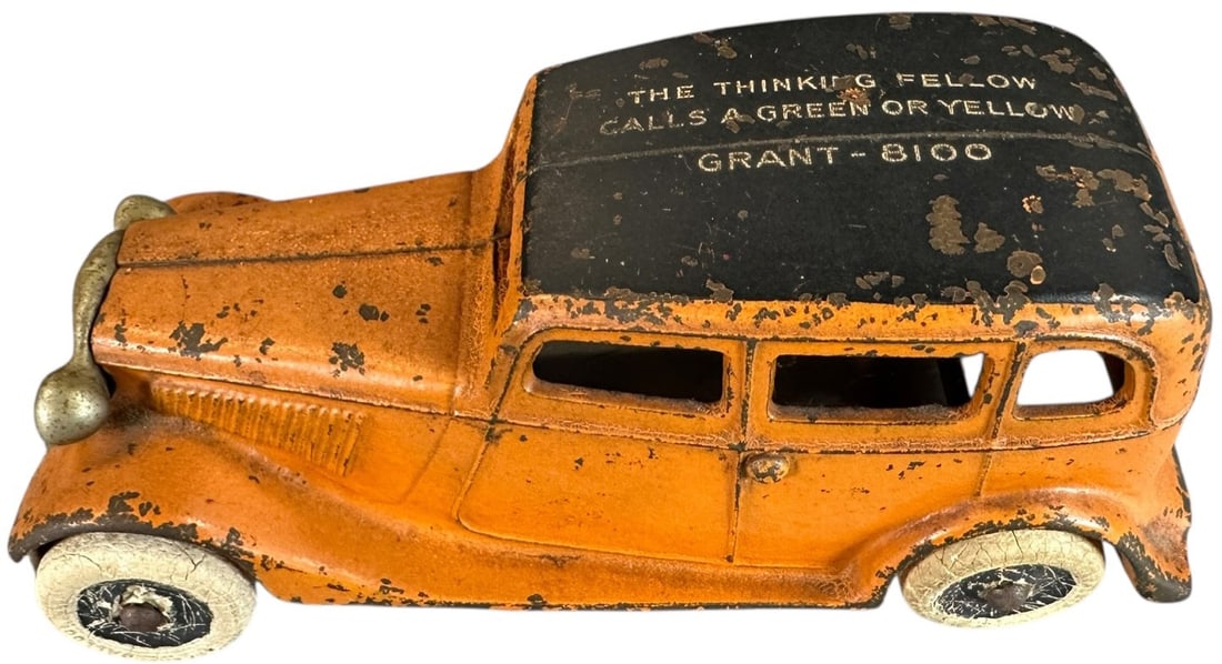 ARCADE GRANT 8100 TAXI CAB: 133. ARCADE GRANT 8100 TAXI CAB | Private label roof. Ex: Tony Lasala Collection. | 6.5" l. | All original with roof stenciling, (Very Good Condition) | $250 - $500