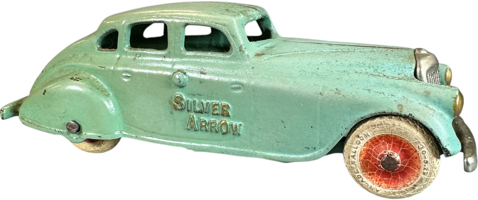 ARCADE SILVER ARROW SEDAN GREEN: 149. ARCADE SILVER ARROW SEDAN GREEN | 7.5" l. | Could brighten with some polish, (Excellent Condition) | $200 - $400