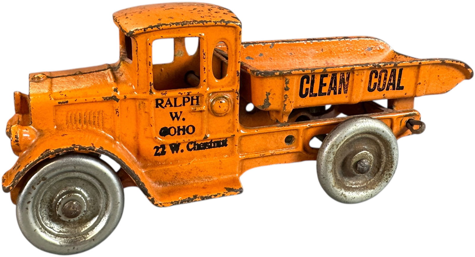 KILGORE COAL DUMP TRUCK: 158. KILGORE COAL DUMP TRUCK | Side reads, "Clean Coal?Ralph W. Coho, 22 W. Chestnut.". Ex: Tony Lasala Collection. | 8.5" l. | Clean stenciling, paint chips from use, (Very Good to Excellent