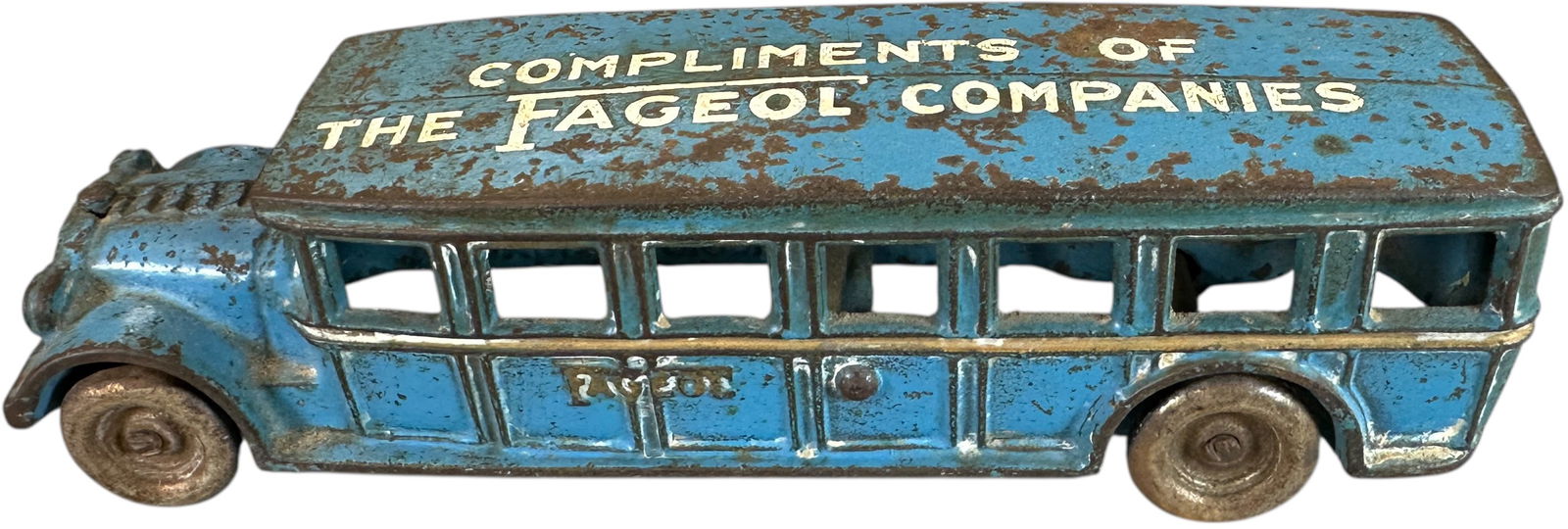 ARCADE FAGEOL COACH BUS: 172. ARCADE FAGEOL COACH BUS | Private label roof. Ex: Tony Lasala Collection. | 8.5" l. | Very minor enhancement to otherwise original lettering on roof, (Very Good Condition) | $200 - $400