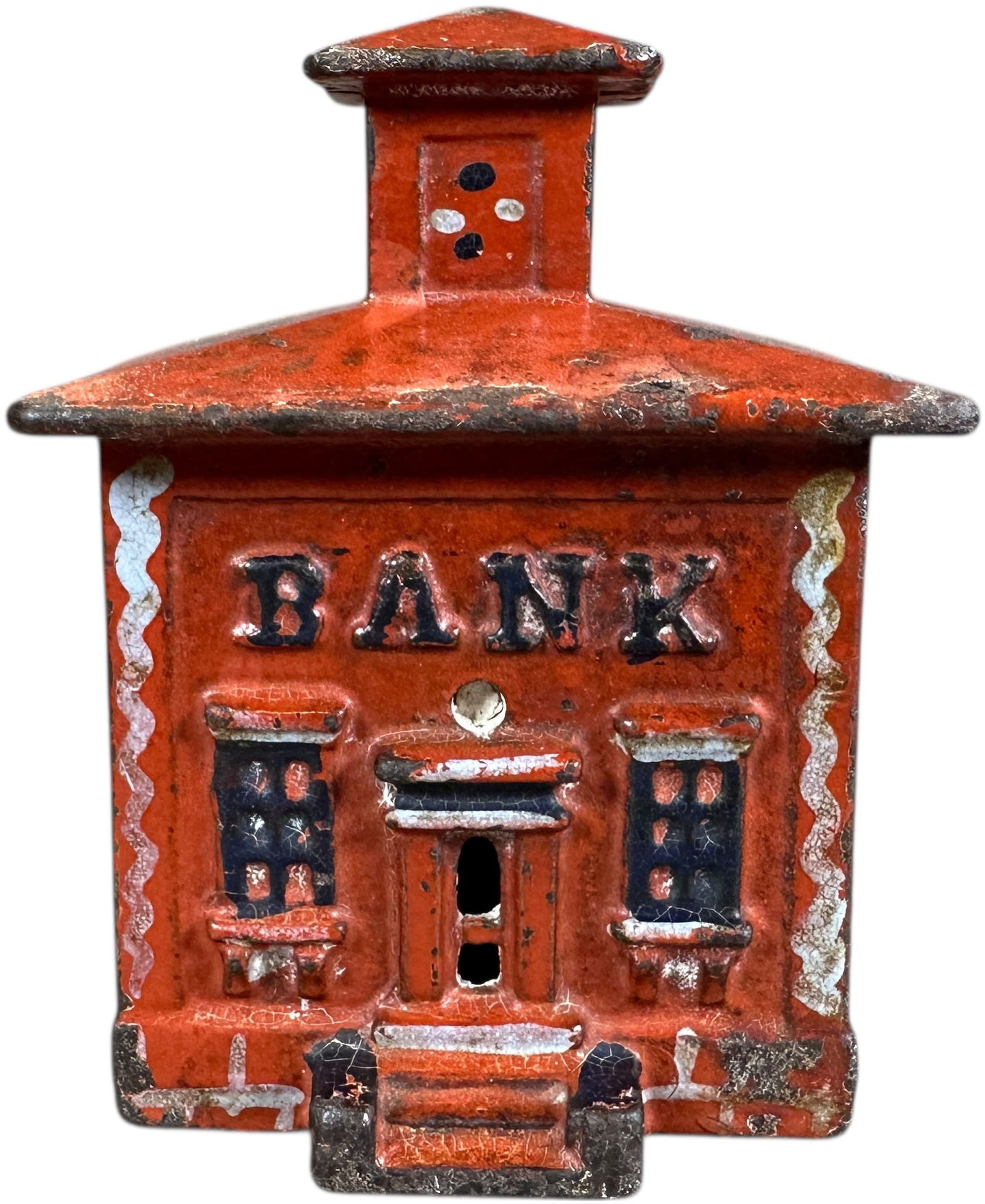 RED PAINTED CUPOLA STILL BANK: 186. RED PAINTED CUPOLA STILL BANK | J&E Stevens Co. | 3.5" h. | (Very Good to Excellent Condition) | $200 - $300