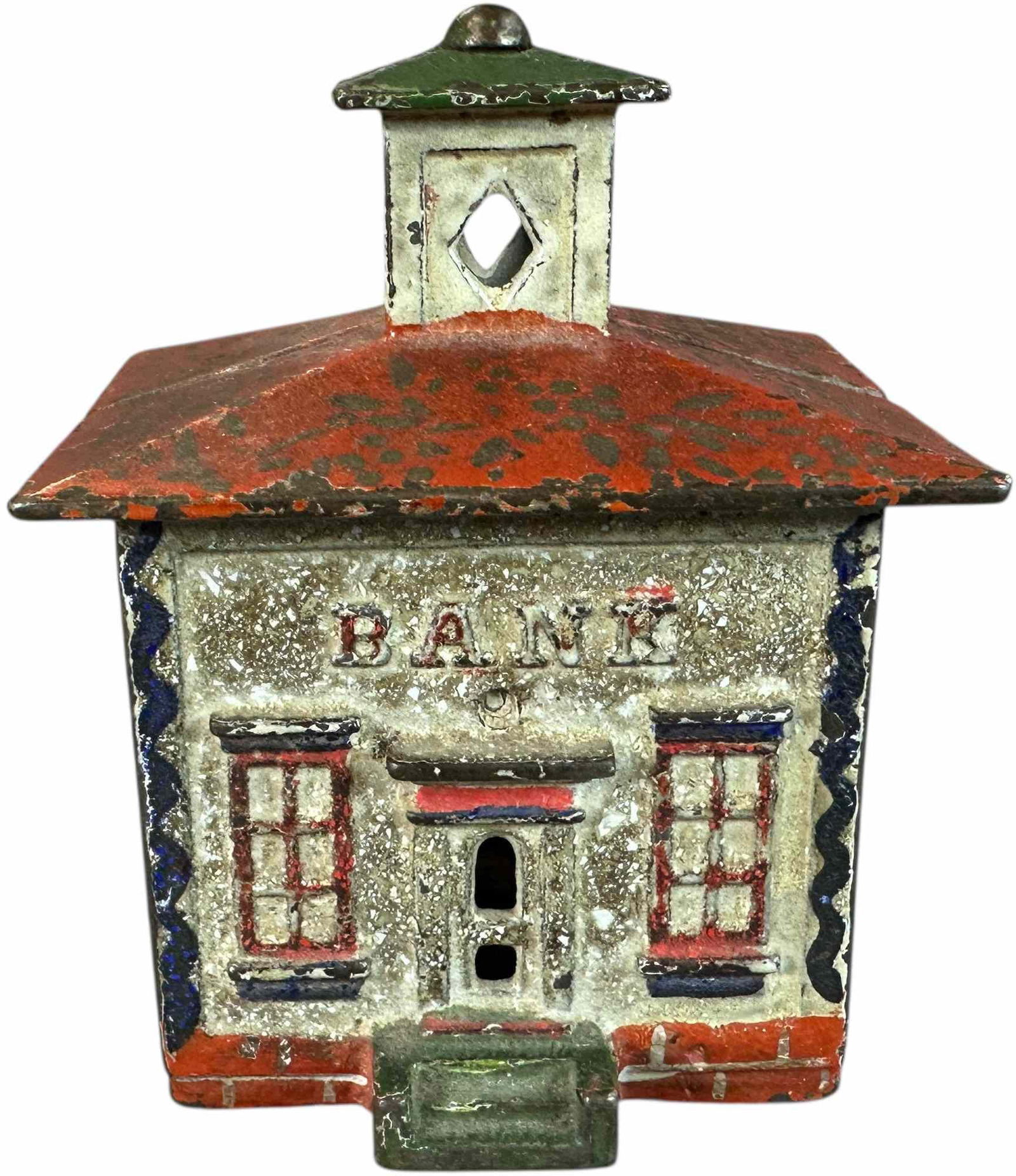 MEDIUM CUPOLA STILL BANK: 189. MEDIUM CUPOLA STILL BANK | J&E Stevens Co. | 4.5" h. | Needs a cleaning to brighten up the all original paint with good stenciling, (Excellent Condition) | $200 - $400