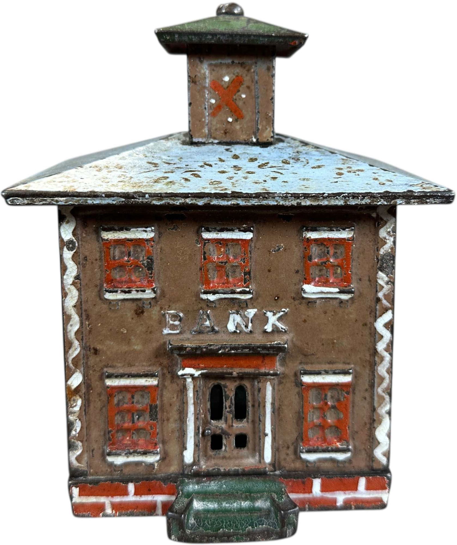 LARGE STENCILED ROOF CUPOLA BANK: 190. LARGE STENCILED ROOF CUPOLA BANK | J&E Stevens Co. | 5.5" h. | (Excellent Condition) | $300 - $500