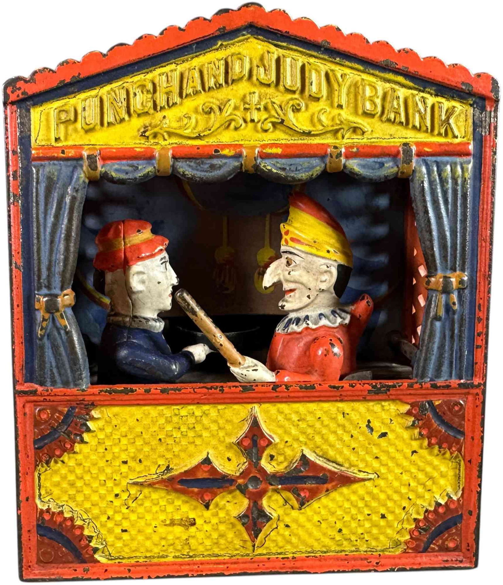 PUNCH & JUDY MECHANICAL BANK: 219. PUNCH & JUDY MECHANICAL BANK | Shepard Hardware Co. | 7.5" h. | Bright colors with some handling wear, (Excellent Condition) | $700 - $1,400