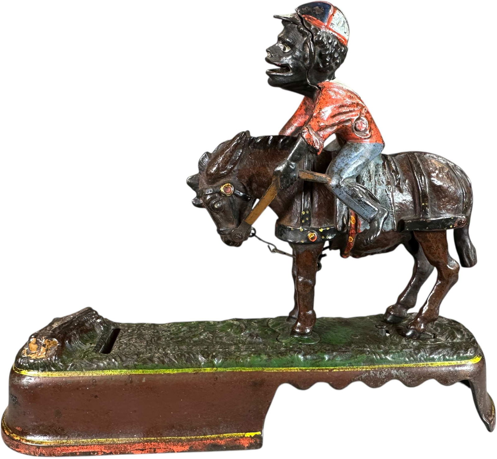 SPISE A MULE MECHANICAL BANK - JOCKEY: 233. SPISE A MULE MECHANICAL BANK - JOCKEY | J&E Stevens Co. | CULTURAL DISCLAIMER: Certain antique and vintage items in this sale include imagery or themes that reflect racial stereotypes now
