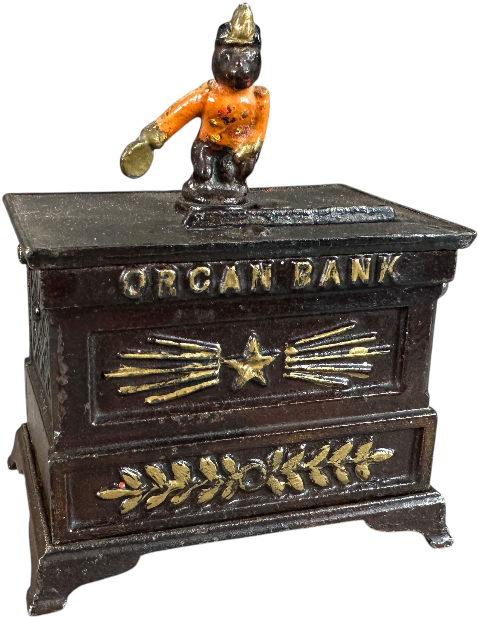 ORGAN BANK MINIATURE MECHANICAL BANK: 235. ORGAN BANK MINIATURE MECHANICAL BANK | Kyser & Rex Mfg. Co. | 4" h. | Colorful original figure, very minor touch-up to cage/panel on one side is only noticeable under blacklight UV, otherwise