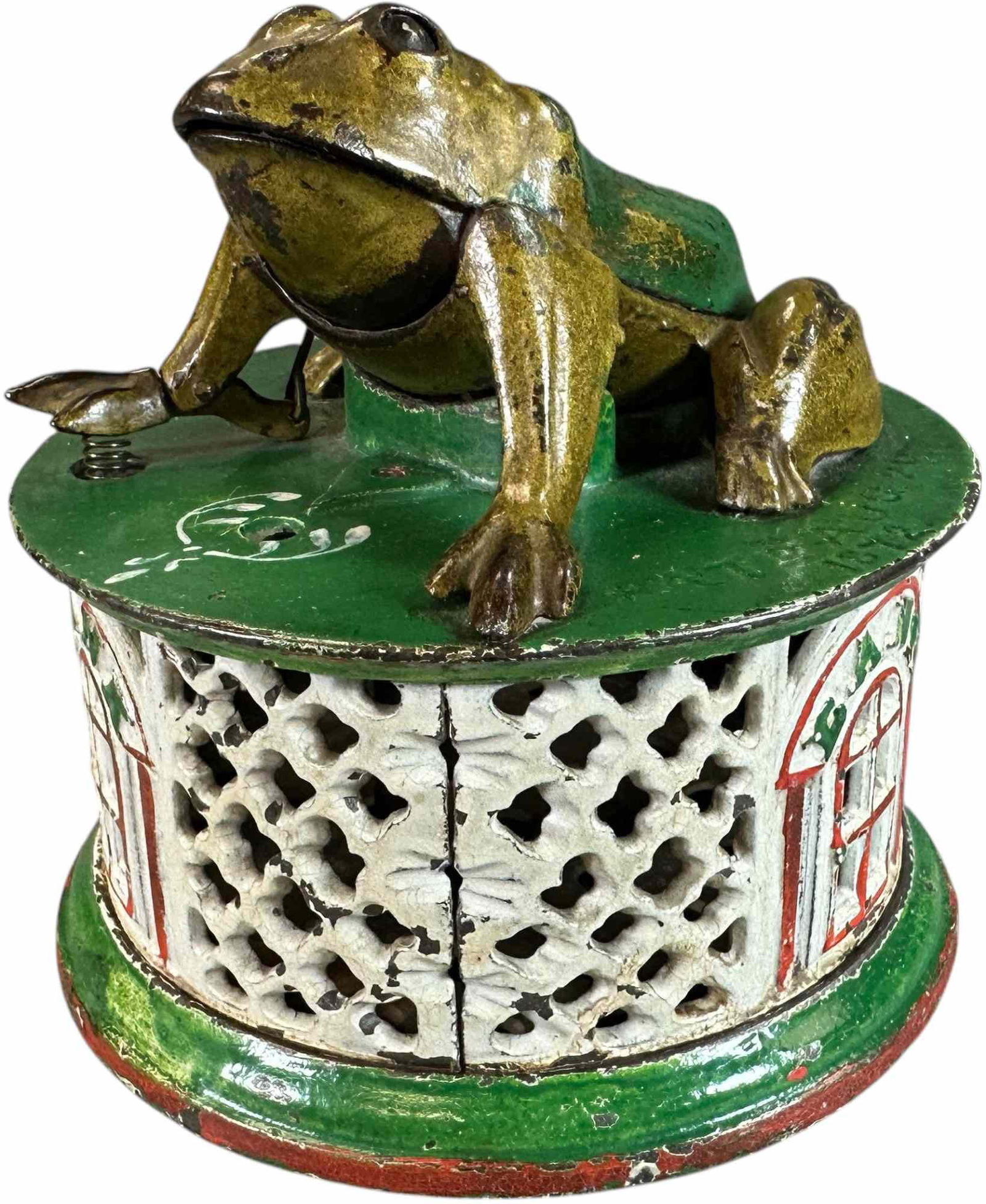 FROG ON LATTICE BANK MECHANICAL BANK: 238. FROG ON LATTICE BANK MECHANICAL BANK | J&E Stevens Co. | 5" l. | Bright colors, (Excellent to Pristine Condition) | $800 - $1,400