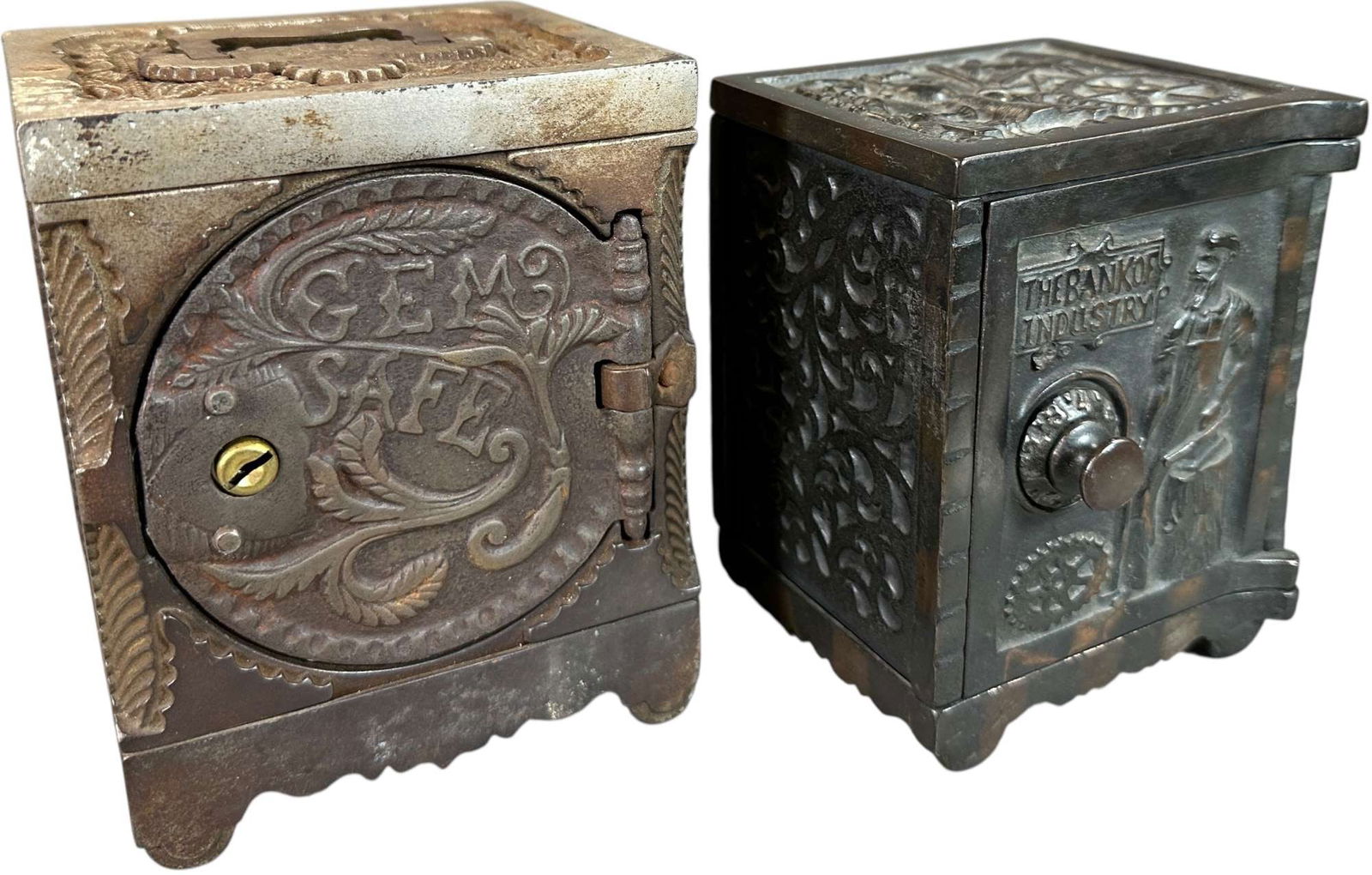 TWO SAFE STILL BANKS: 275. TWO SAFE STILL BANKS | J&E Stevens GEM and Kenton Bank of Industry | 6" h. | (Very Good to Excellent Condition) | $200 - $400