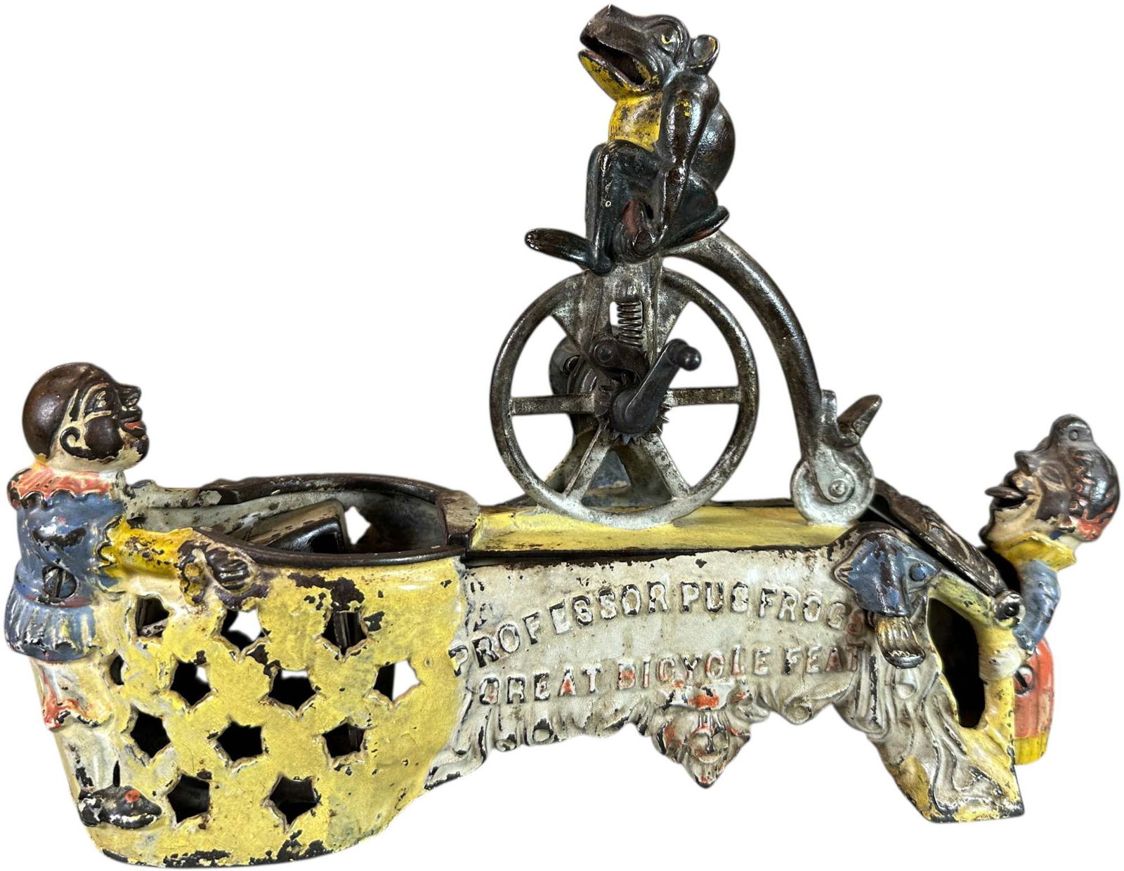 PROFESSOR PUG FROG MECHANICAL BANK: 308. PROFESSOR PUG FROG MECHANICAL BANK | J&E Stevens Co. | 11" l. | Appears to be completely original with wear to paint consistent with age, (Very Good Condition) | $1,200 - $2,400