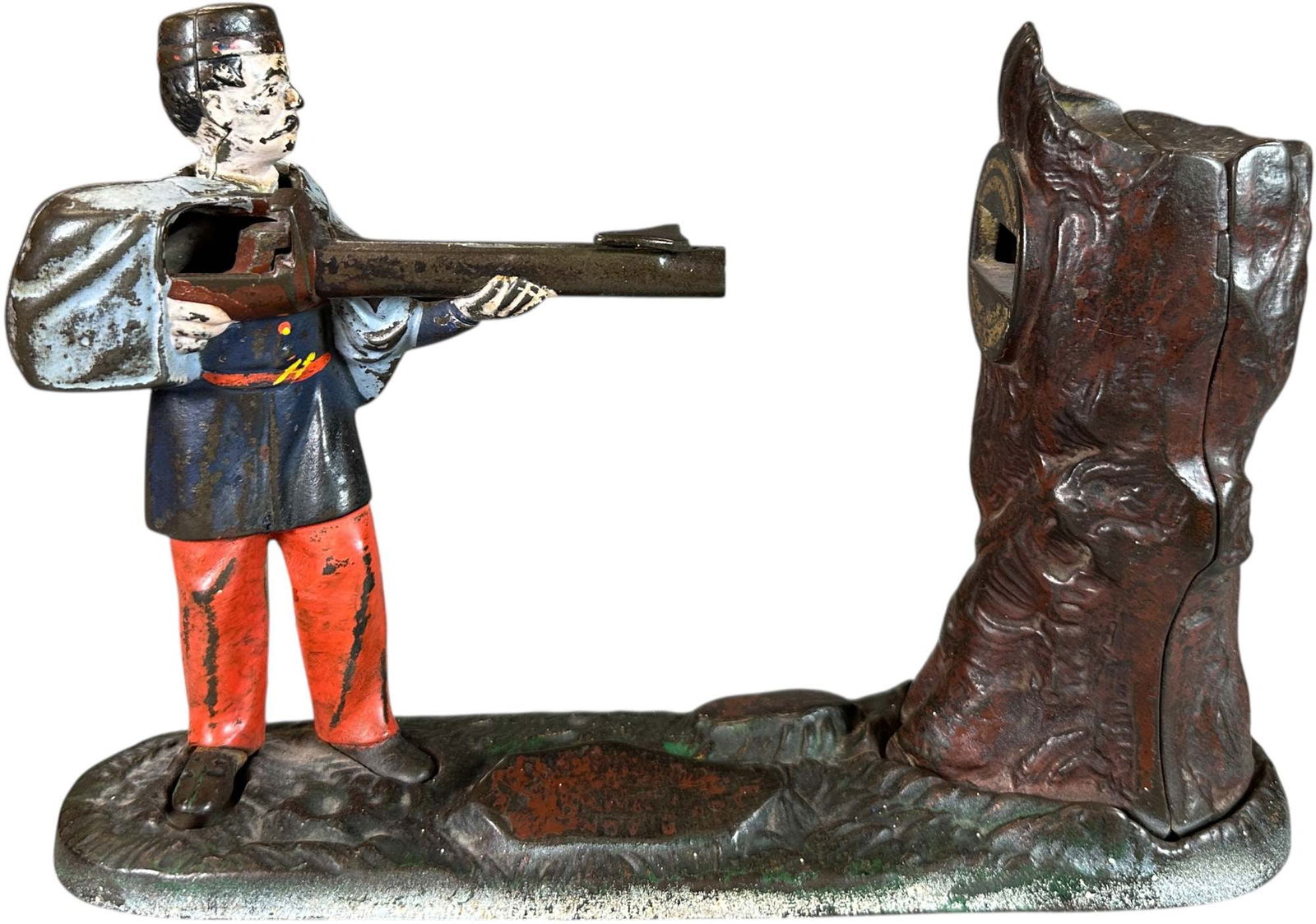 CREEDMOOR MECHANICAL BANK: 343. CREEDMOOR MECHANICAL BANK | J&E Stevens Co. | 10" l. | Tree bolted into place, reds pants overpainted, (Very Good Condition) | $250 - $500