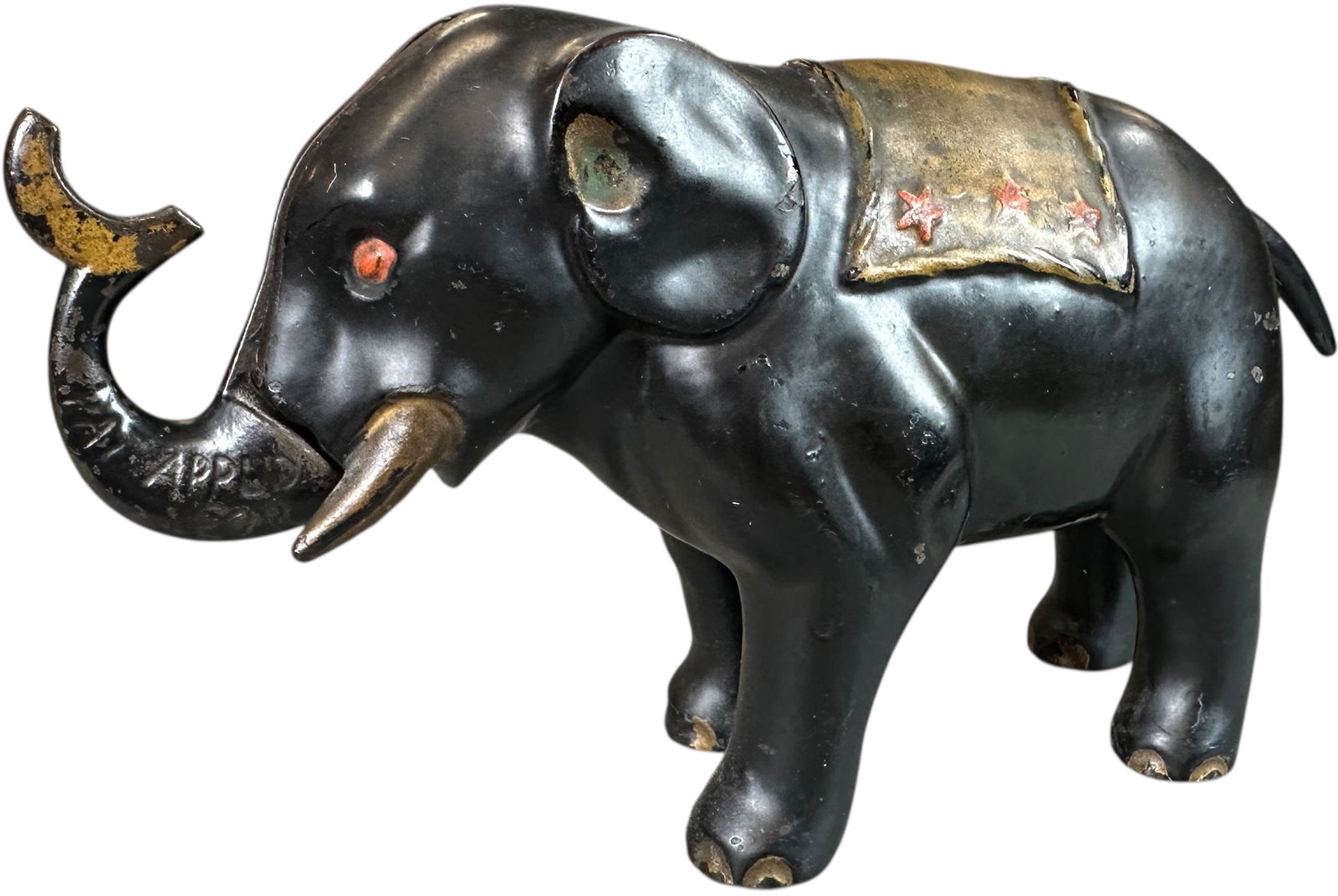 THREE STAR ELEPHANT MECHANICAL BANK: 350. THREE STAR ELEPHANT MECHANICAL BANK | Manufacturer unknown, circa 1880s. | 9.5" l. | This bank could improve wonderfully with polish from (Excellent Condition) to (Pristine Condition) | $500 -