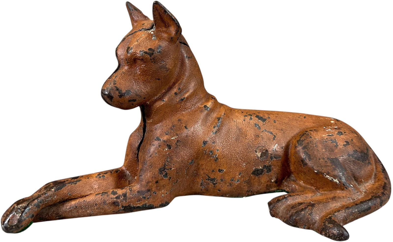 GREAT DANE LYING W/ PAWS CROSSED DOORSTOP: 366. GREAT DANE LYING W/ PAWS CROSSED DOORSTOP | Rare, Full figure. | 12" h. | Great form, (Very Good to Excellent Condition) | $400 - $800