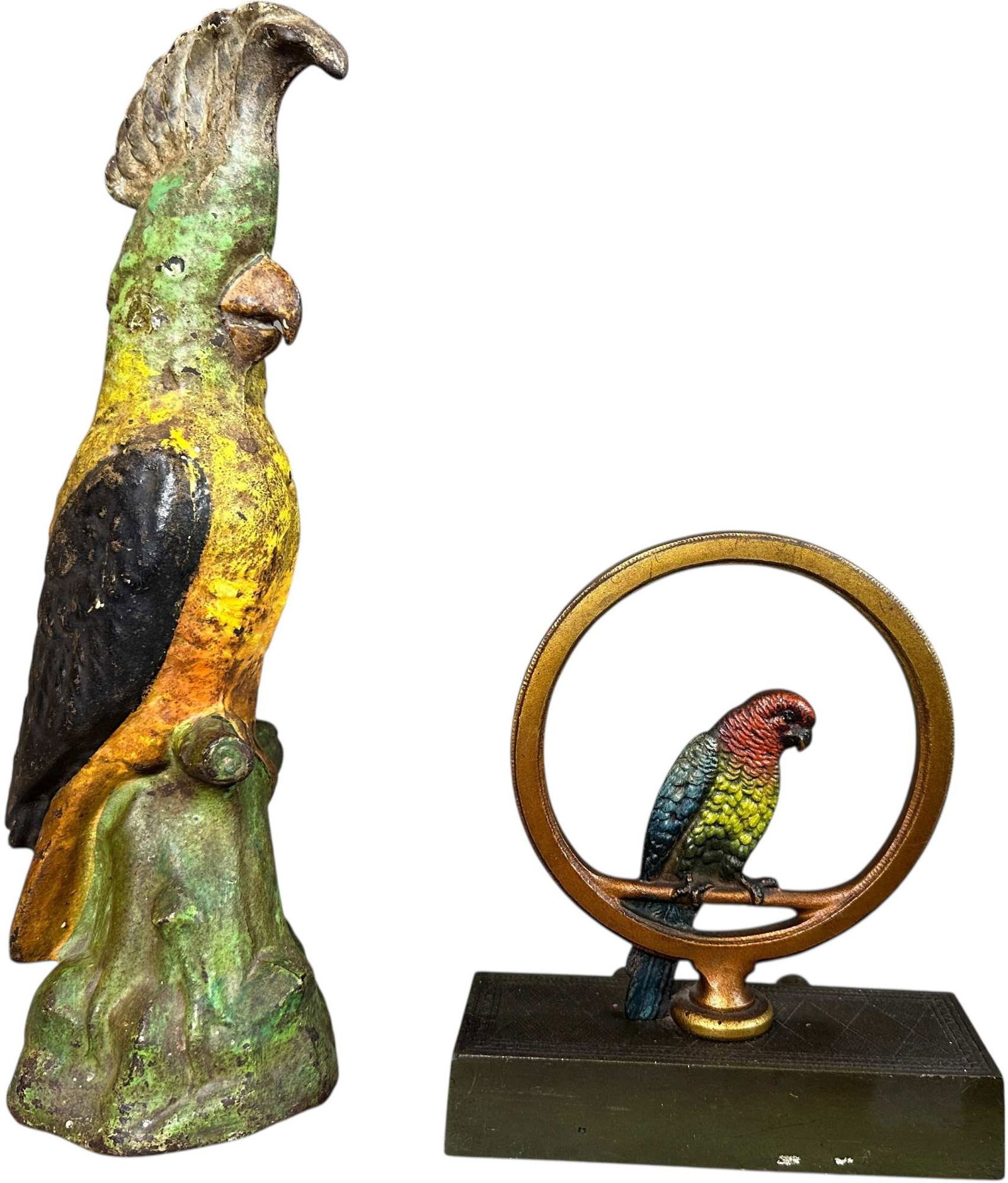 COCKATOO AND BIRD IN RING DOORSTOPS: 371. COCKATOO AND BIRD IN RING DOORSTOPS | 14.5" h. | Bird in ring has one rubber bumper, (Very Good to Excellent Condition) | $200 - $400