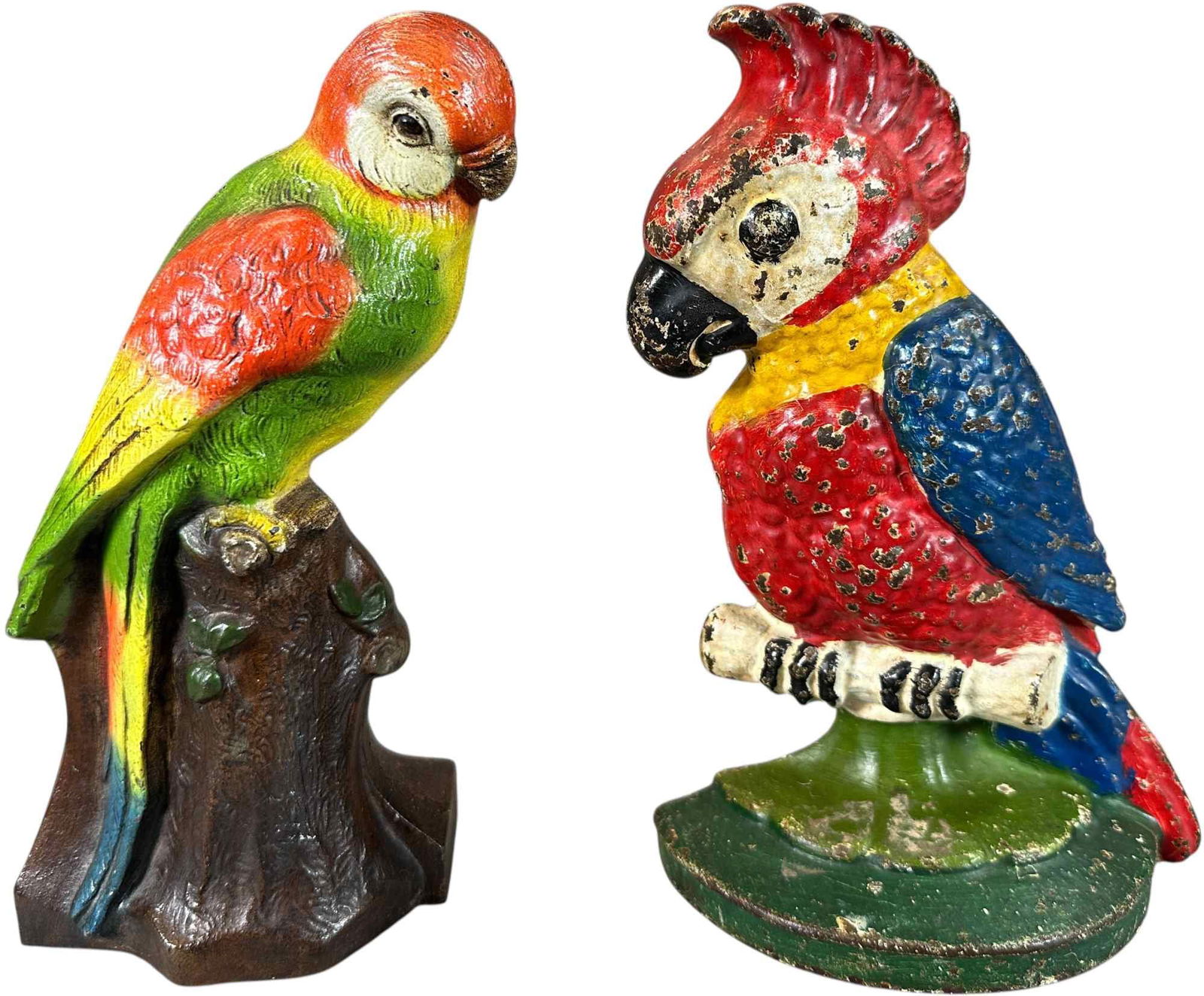 PARROT ON STUMP AND HUBLEY COCKATOO DOORSTOPS: 372. PARROT ON STUMP AND HUBLEY COCKATOO DOORSTOPS | cJo parrot. | 8.5" h. | (Excellent to Pristine Condition) | $200 - $400