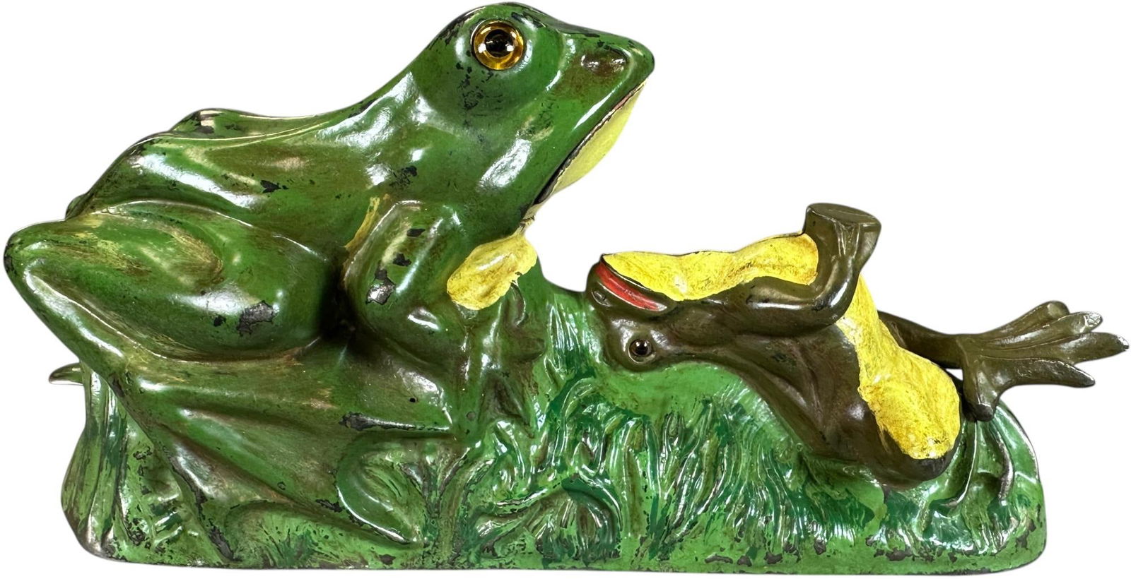 TWO FROGS MECHANICAL BANK: 380. TWO FROGS MECHANICAL BANK | J&E Stevens Co. | 8.5" h. | Old repaint which reflects correctly under black light UV, (Excellent Condition) | $500 - $1,000