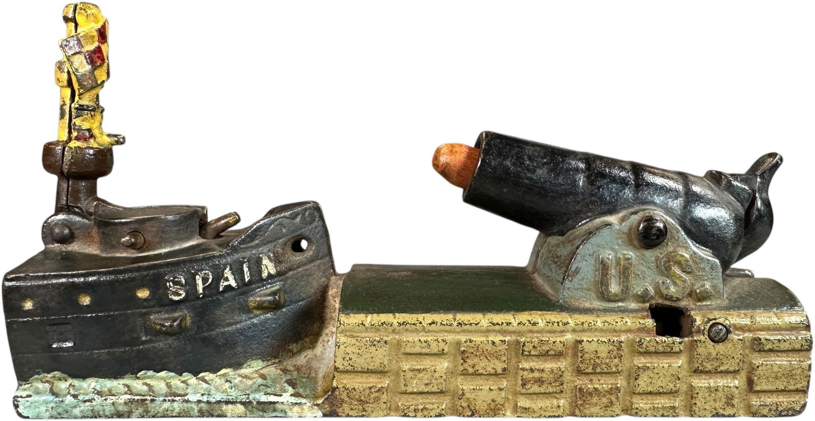 US & SPAIN MECHANICAL BANK: 382. US & SPAIN MECHANICAL BANK | J&E Stevens Co. | 8.5" l. | Old repaint, flag replaced, (Very Good Condition) | $600 - $1,000