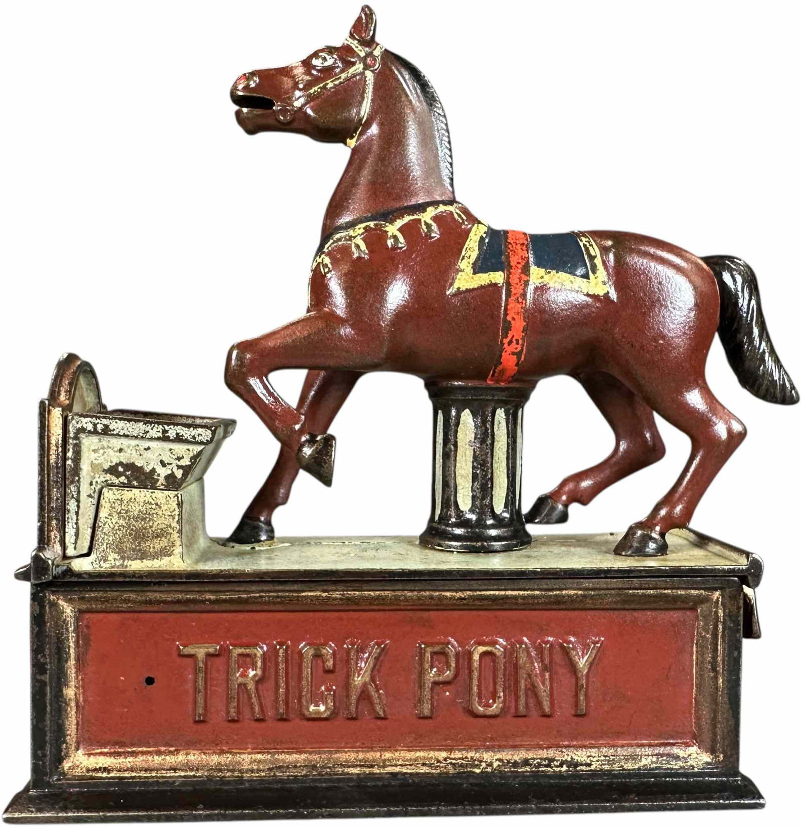 TRICK PONY MECHANICAL BANK: 390. TRICK PONY MECHANICAL BANK | Shepard Hardware Co. | 7.5" l. | Old restoration to paint displays as a patina (Very Good to Excellent Condition) | $250 - $500