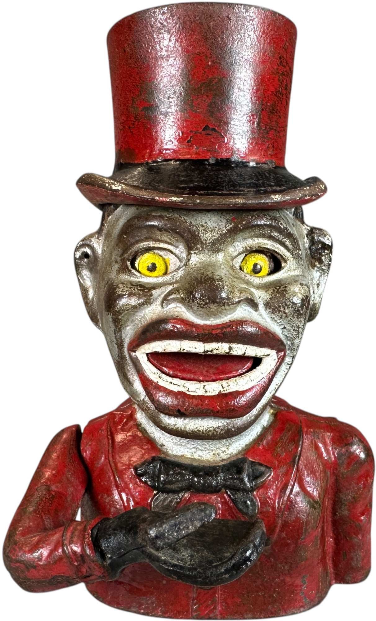 HAPPY MAN W/ TOP HAT MECHANICAL BANK: 395. HAPPY MAN W/ TOP HAT MECHANICAL BANK | English. | CULTURAL DISCLAIMER: Certain antique and vintage items in this sale include imagery or themes that reflect racial stereotypes now recognized as