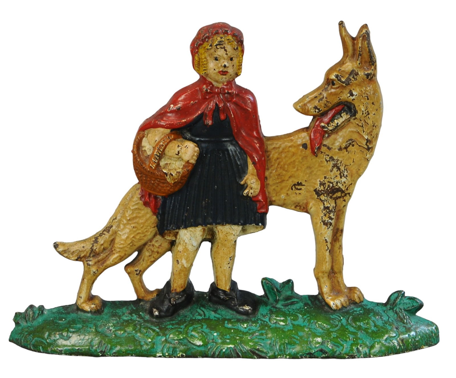 RED RIDING HOOD AND WOLF DOORSTOP: 405. RED RIDING HOOD AND WOLF DOORSTOP | NUYDEA, attractive example of the nursery rhyme character, embossed "Little Red Riding Hood PAT PENDING 860". | 7.5"h. | (Excellent to Pristine Condition) |