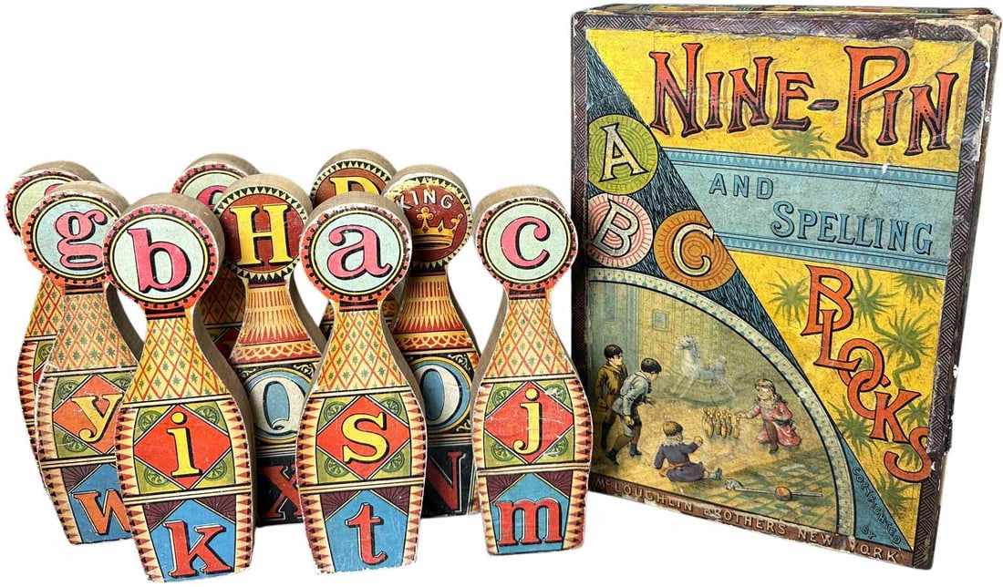 BOXED MCLOUGHLIN BROS NINE PIN ABC BLOCKS (1 of 12)