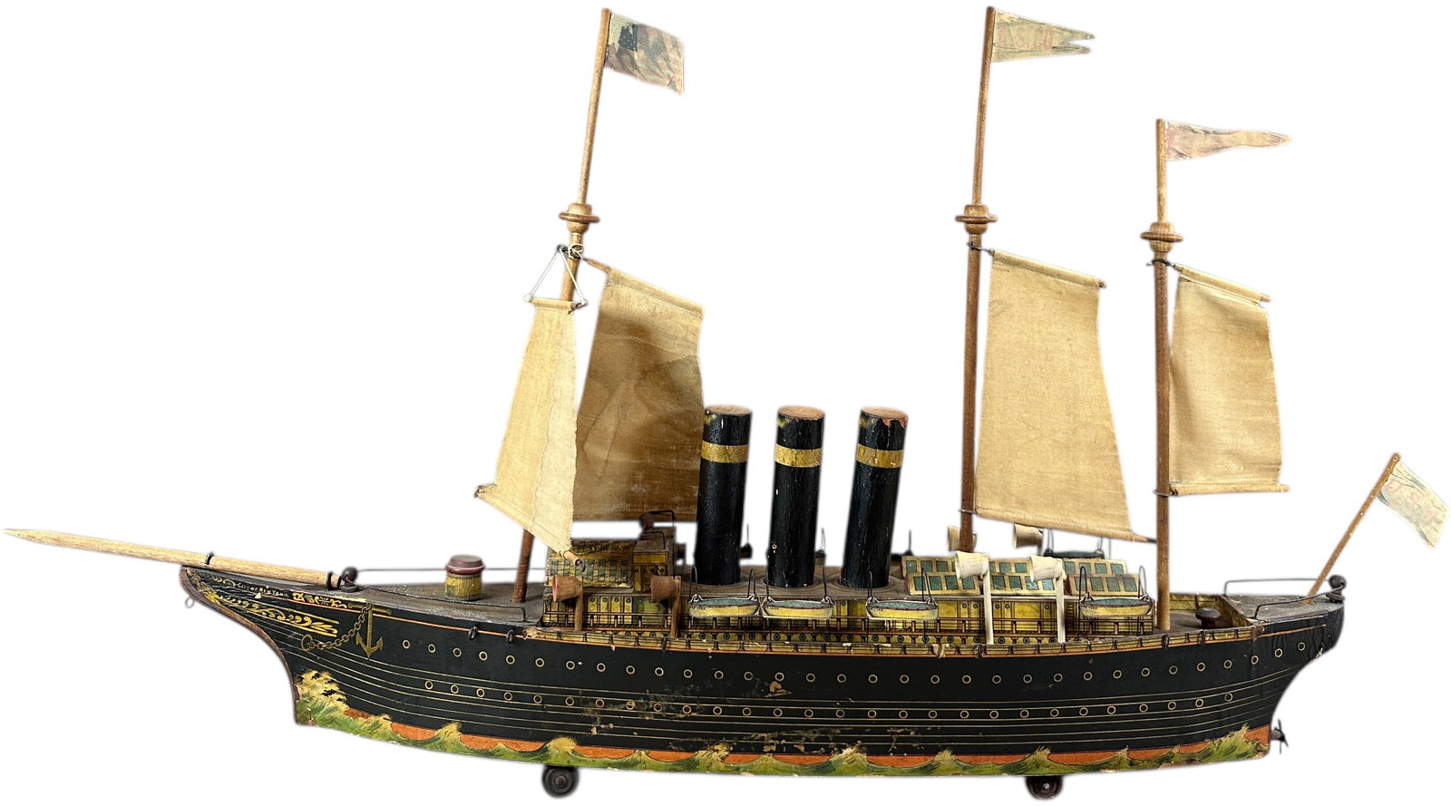 BLISS STEAM SHIP NEW YORK: 457. BLISS STEAM SHIP NEW YORK | 38" l. | Four of eight ventilators reproductions, reproduction lifeboats, one complete original which was used as pattern, original linen backed flags, reproduction fl