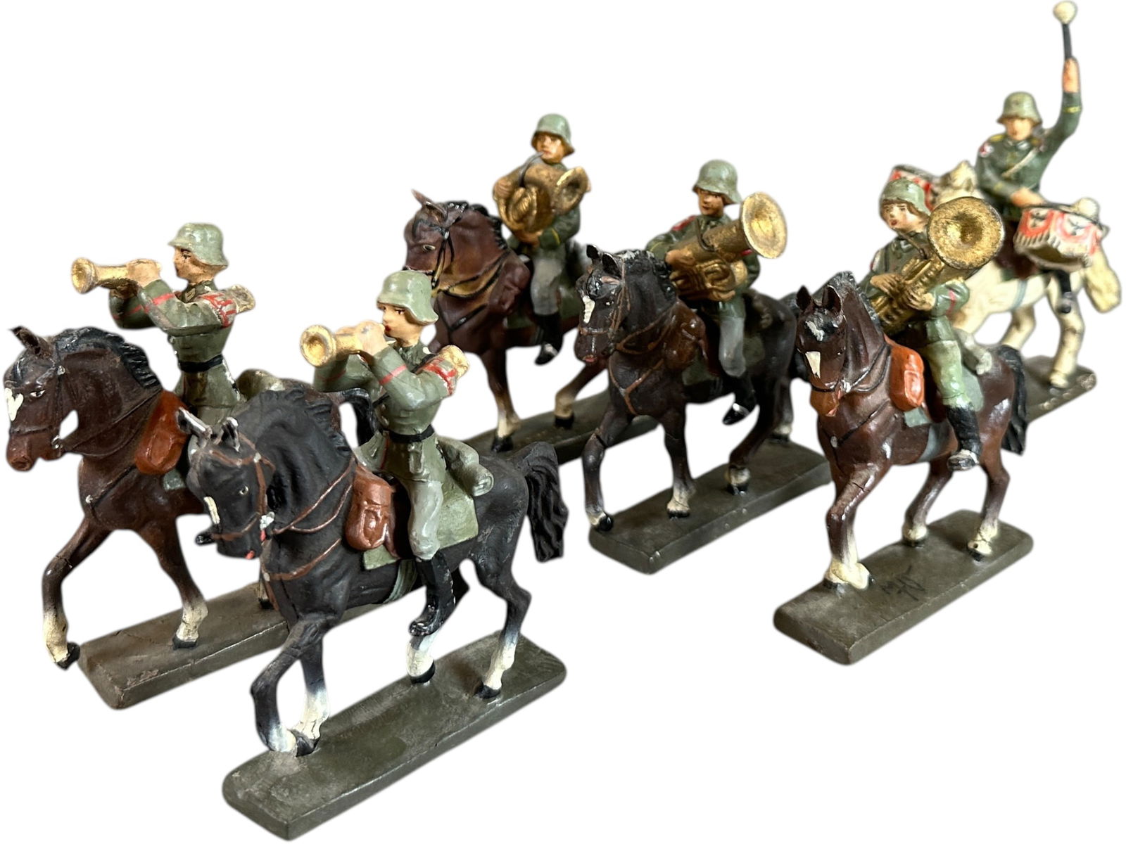 LINEOL GERMAN MOUNTED MUSICIANS: 33. LINEOL GERMAN MOUNTED MUSICIANS | Rare six mounted regular Germany army musicians. From the Italian collection of Steno Tonelli. | 75 mm | (Excellent to Pristine Condition) | $200 - $300