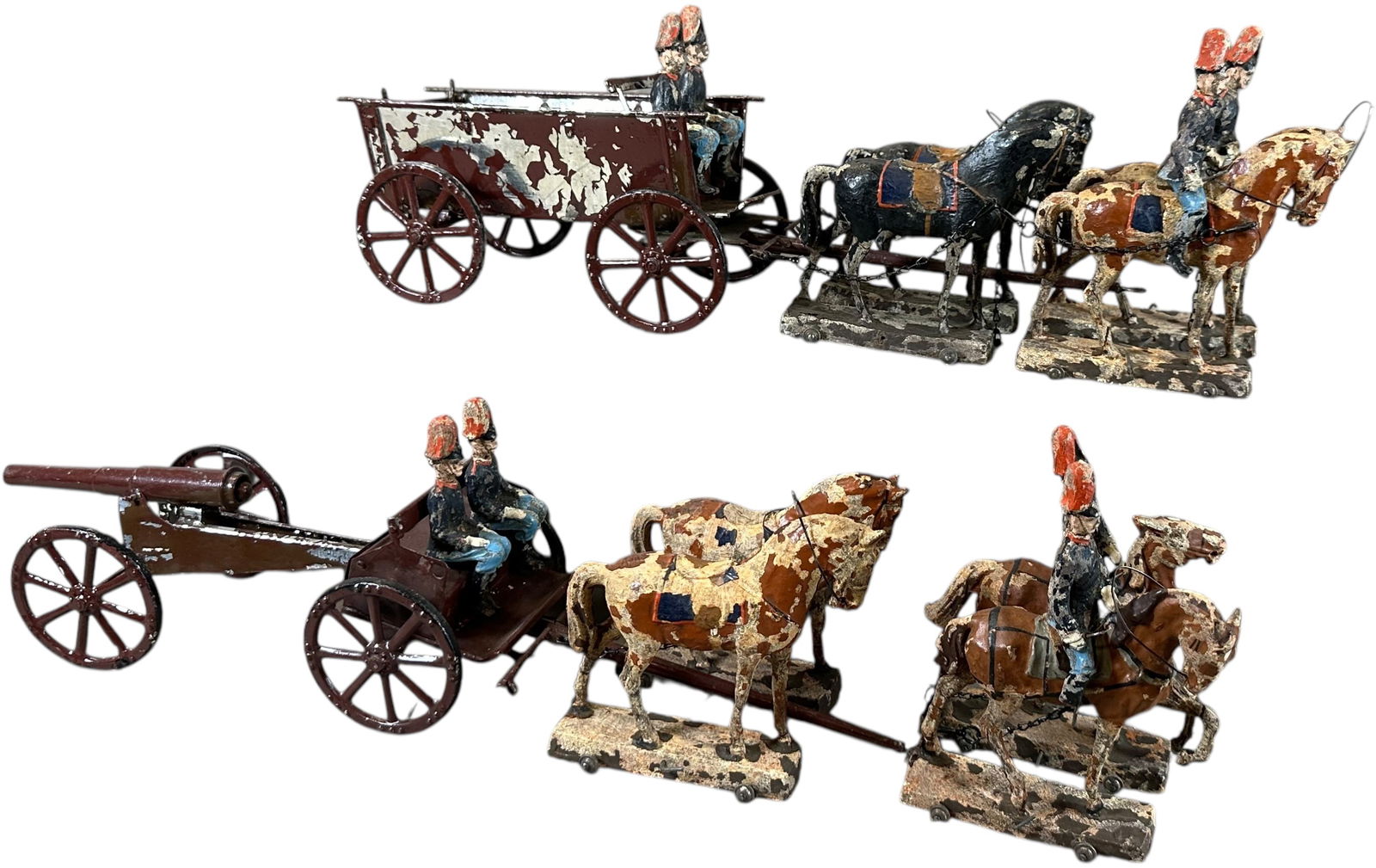 LINEOL HORSE-DRAWN WAGON & ARTILLERY PIECE: 34. LINEOL HORSE-DRAWN WAGON & ARTILLERY PIECE | 4.5" l. horse | Paint flaking, overall (Very Good Condition) | $100 - $200