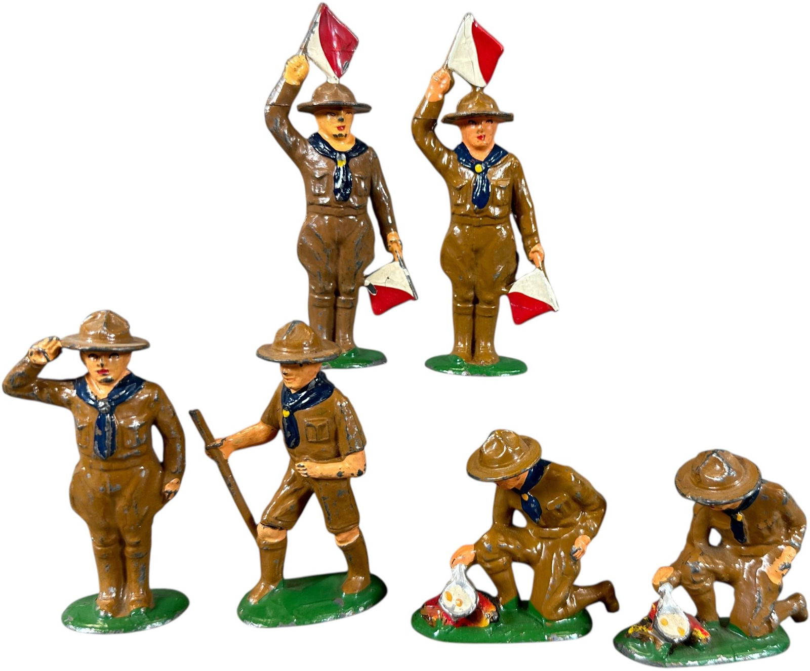 BARCLAY SIX PIECE BOY SCOUT SET: 86. BARCLAY SIX PIECE BOY SCOUT SET | Desirable figures. | 4" h. | (Excellent Condition) | $100 - $200