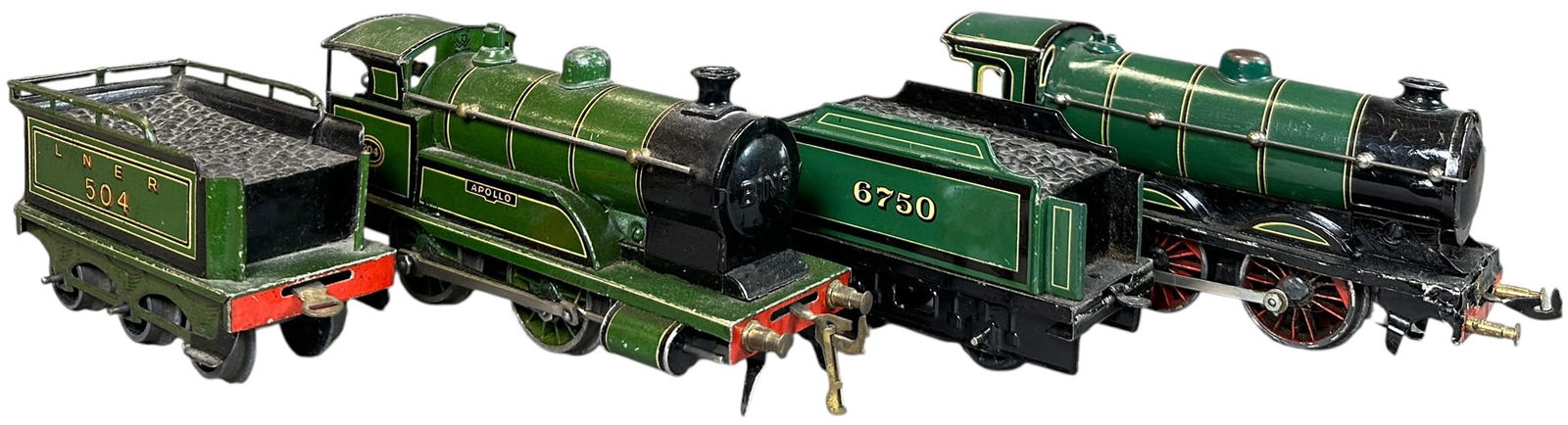 BING APOLLO & ENGLISH LOCOMOTIVES: 107. BING APOLLO & ENGLISH LOCOMOTIVES | O gauge, clockwork, litho. | 7.5" l. loco | Bing has enhancement to end of boiler cap, otherwise both are clean (Excellent to Pristine Condition) | $300 - $600