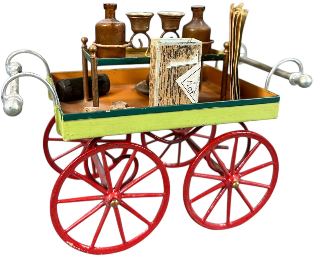 EARLY HAND PAINTED REFRESHMENT CART: 115. EARLY HAND PAINTED REFRESHMENT CART | Hand painted, possibly Carette. | 7.5" l. | (Excellent to Pristine Condition) | $700 - $1,100