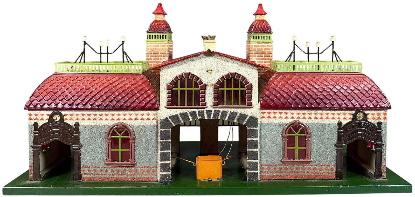 ATTRACTIVE BING PASSENGER STATION: 116. ATTRACTIVE BING PASSENGER STATION | Gauge 1, hand painted. | 23" l. | Red station base repainted, two telegraph insulators repainted, (Excellent to Pristine Condition) | $600 - $1,200