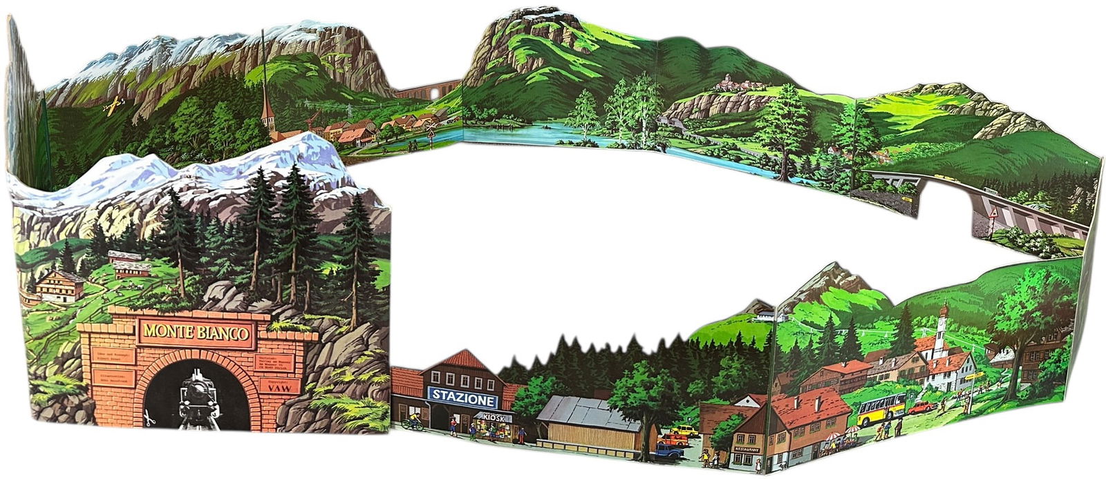 LARGE ELABORATE SWISS ALP TRAIN LAYOUT BACKDROP: 163. LARGE ELABORATE SWISS ALP TRAIN LAYOUT BACKDROP | Folding cardboard, illustrated by Robi Reinfrank, copyright VAW, produced in Germany, circa 1960's, features images of hikers, cattle, trains, be
